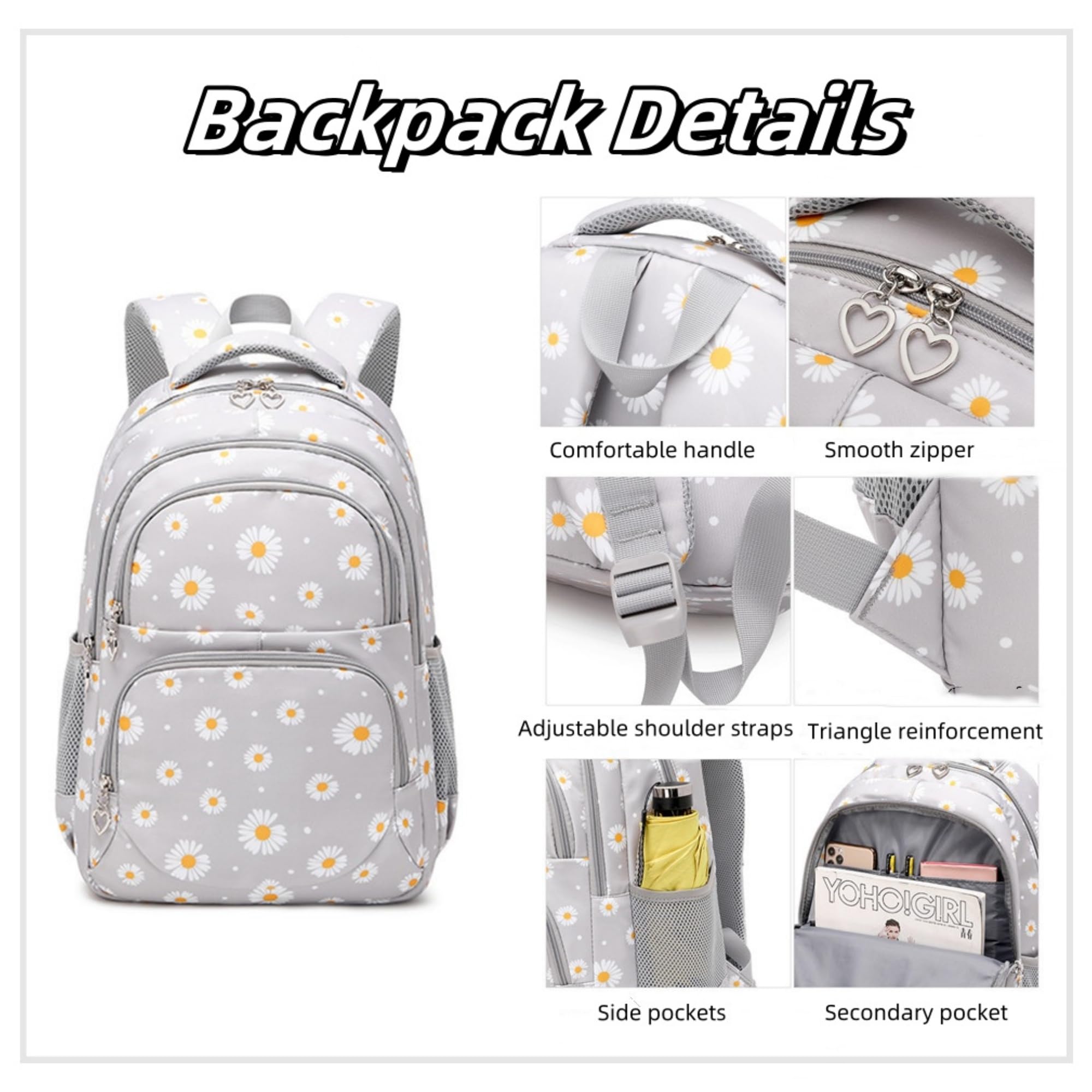 ZHANAO Girls' Backpack Set - 3-Piece Floral Daisy School Bag with Lunch Box for Teens & Kids | Perfect for School, Travel & Daily Use