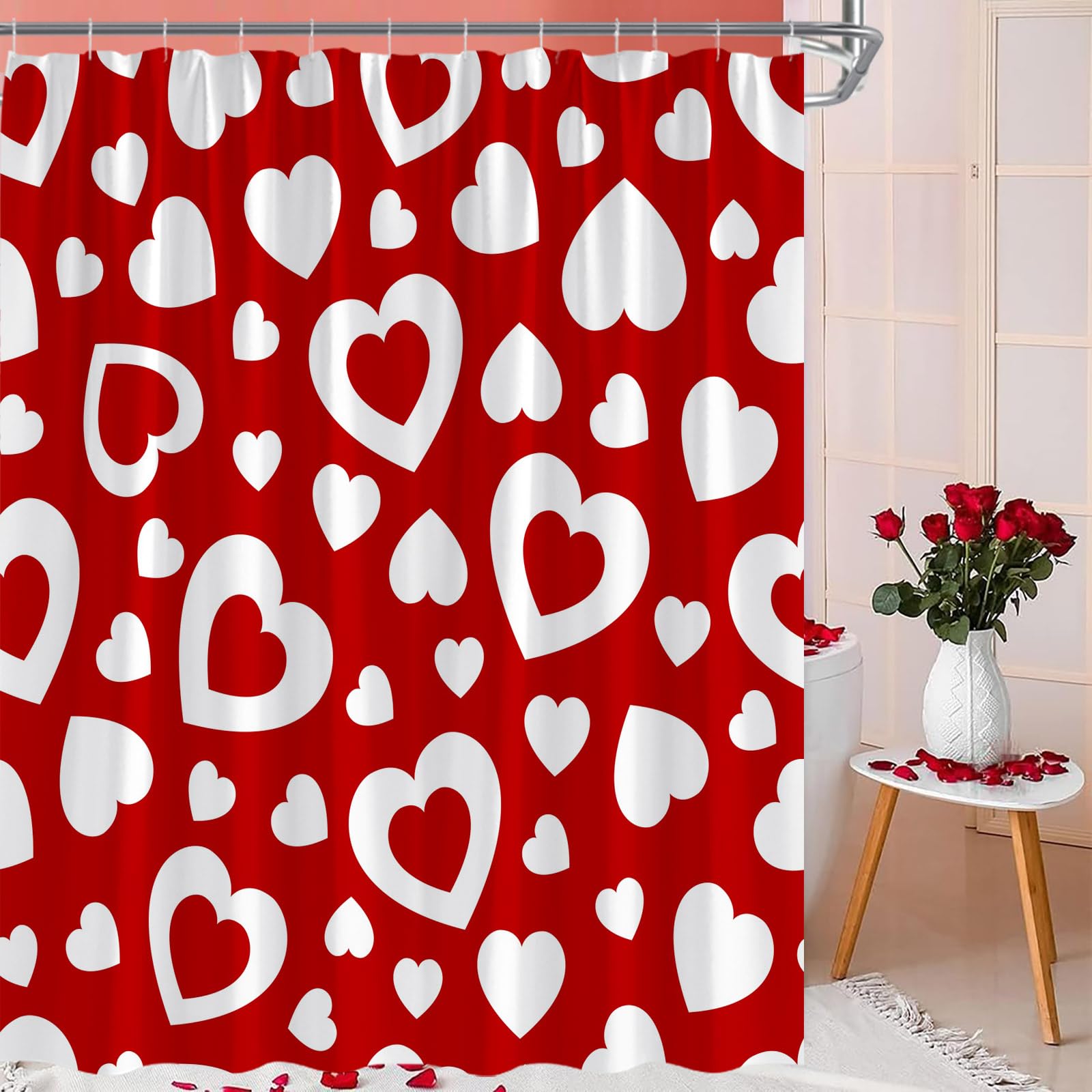 Valentine's Day Shower Curtain - Romantic Red Heart Design for Couples, Sweet Love Bathroom Decor with Hooks | Perfect for Wedding Gifts, Anniversary Presents & Romantic Bathroom Makeovers