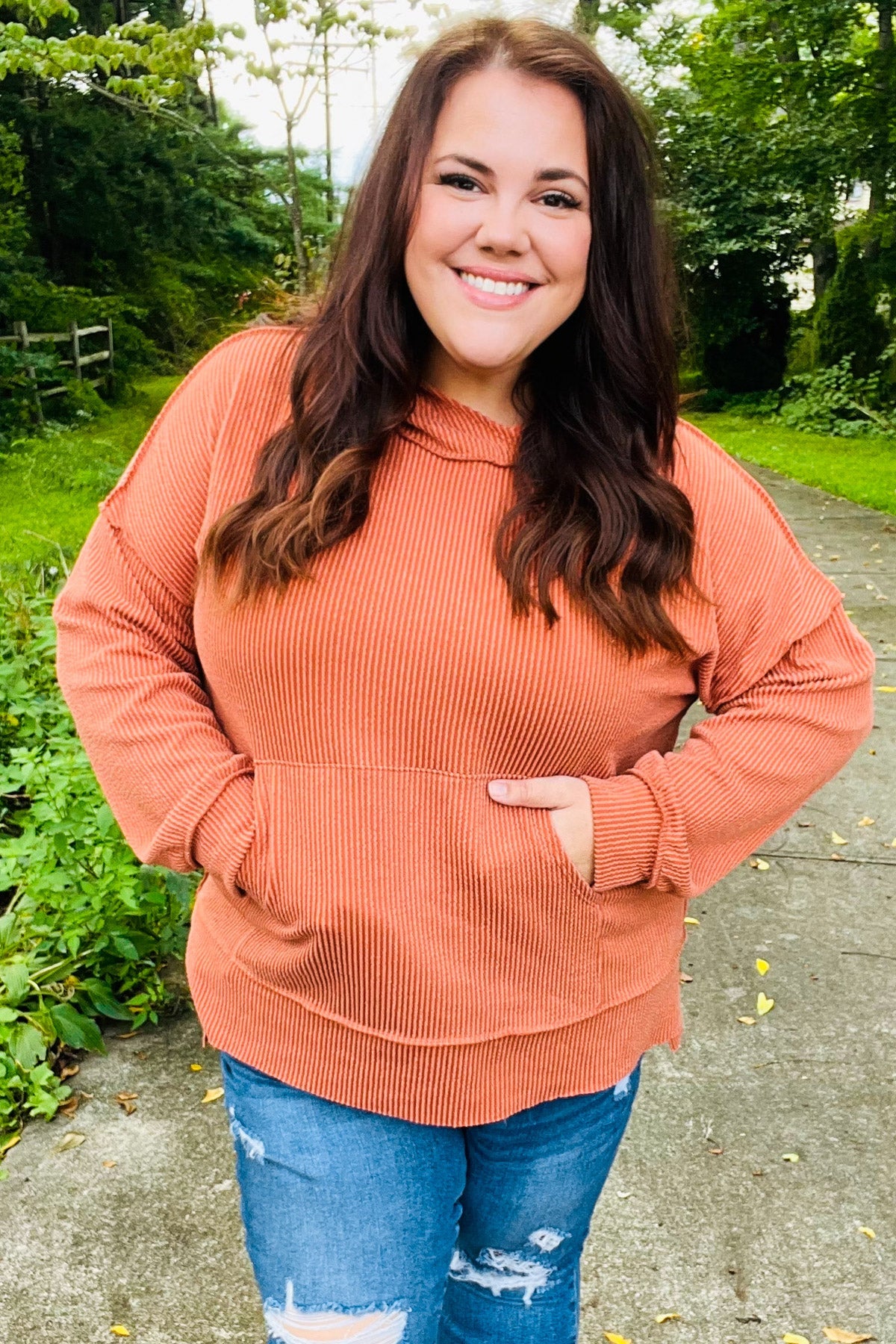Cozy Days Rust Mineral Wash Rib Knit Hoodie - Soft Vintage Pullover for Women & Men | Perfect for Fall Layering, Casual Outfits & Loungewear