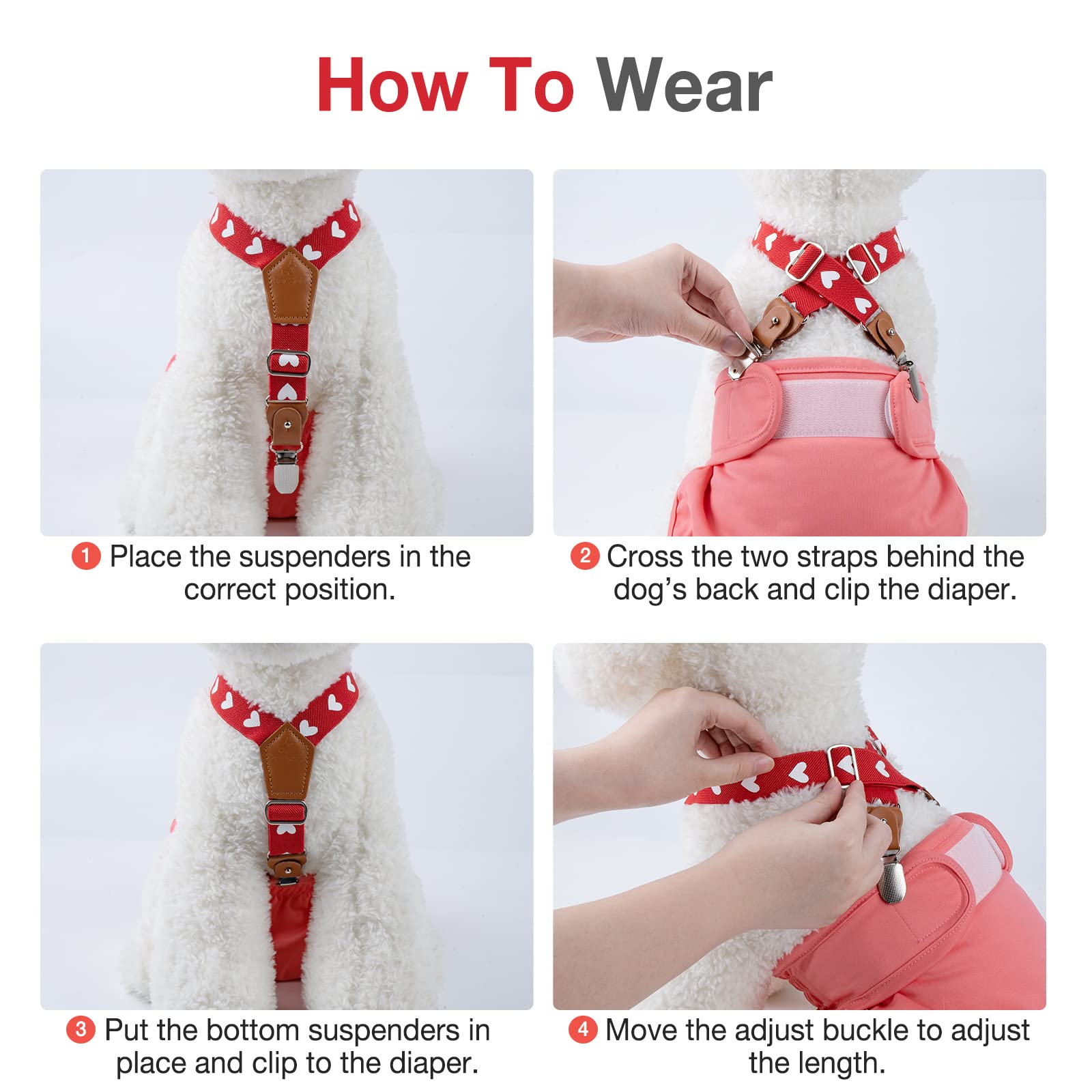 Pet Soft Dog Suspenders 2-Pack - Adjustable Diaper Suspenders for Female Dogs, Dog Dress & Skirt Accessories (Cute Hearts Design, Size S/M) - Perfect for Puppy Training, Fashion Outfits & Special Occasions