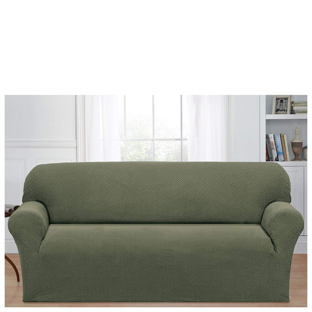 Basket Weave Stretch Sofa Slipcover - Form Fitting Couch Cover for Sectional, Loveseat & Recliner - Soft & Durable Furniture Protector in Sage Green - Perfect for Living Room, Family Room & Home Decor