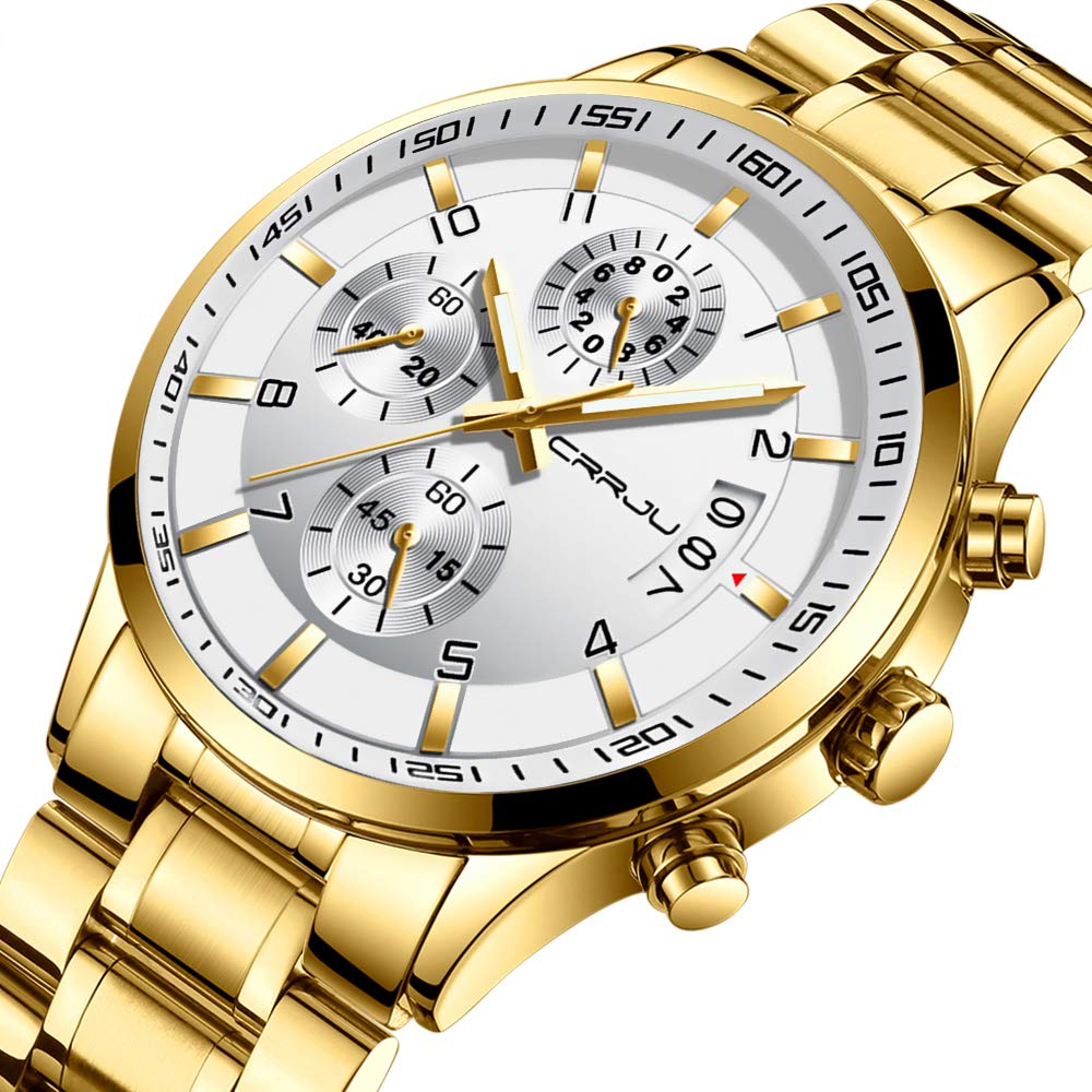 CRRJU Men's Stainless Steel Chronograph Watch with Date Display - Waterproof Fashion Wristwatch for Business, Casual & Outdoor Activities