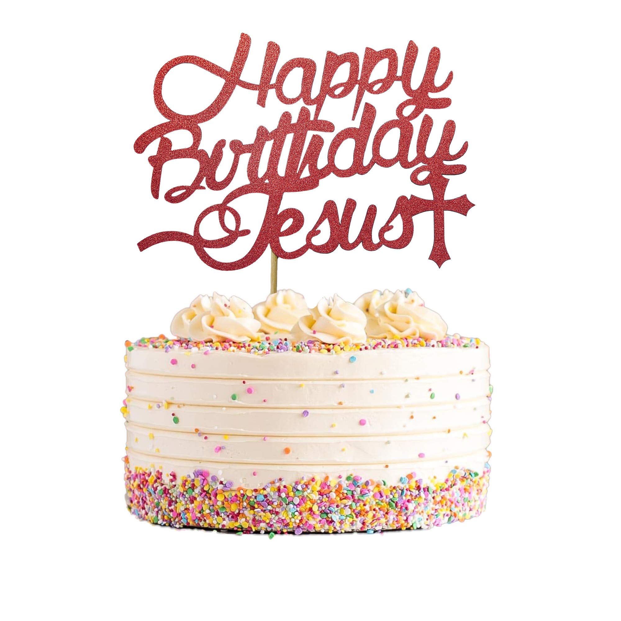Happy Birthday Jesus Cake Topper - Red Glitter Jesus Birthday Decorations - Jesus is the Reason for the Season - Christmas Nativity Cake Decor for Holiday Parties & Church Celebrations
