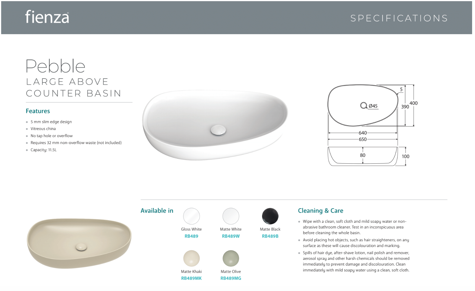 Fienza RB489W Pebble Large Above Counter Bathroom Sink, Matte White - Perfect for Modern Vanities, Powder Rooms, and Contemporary Home Decor