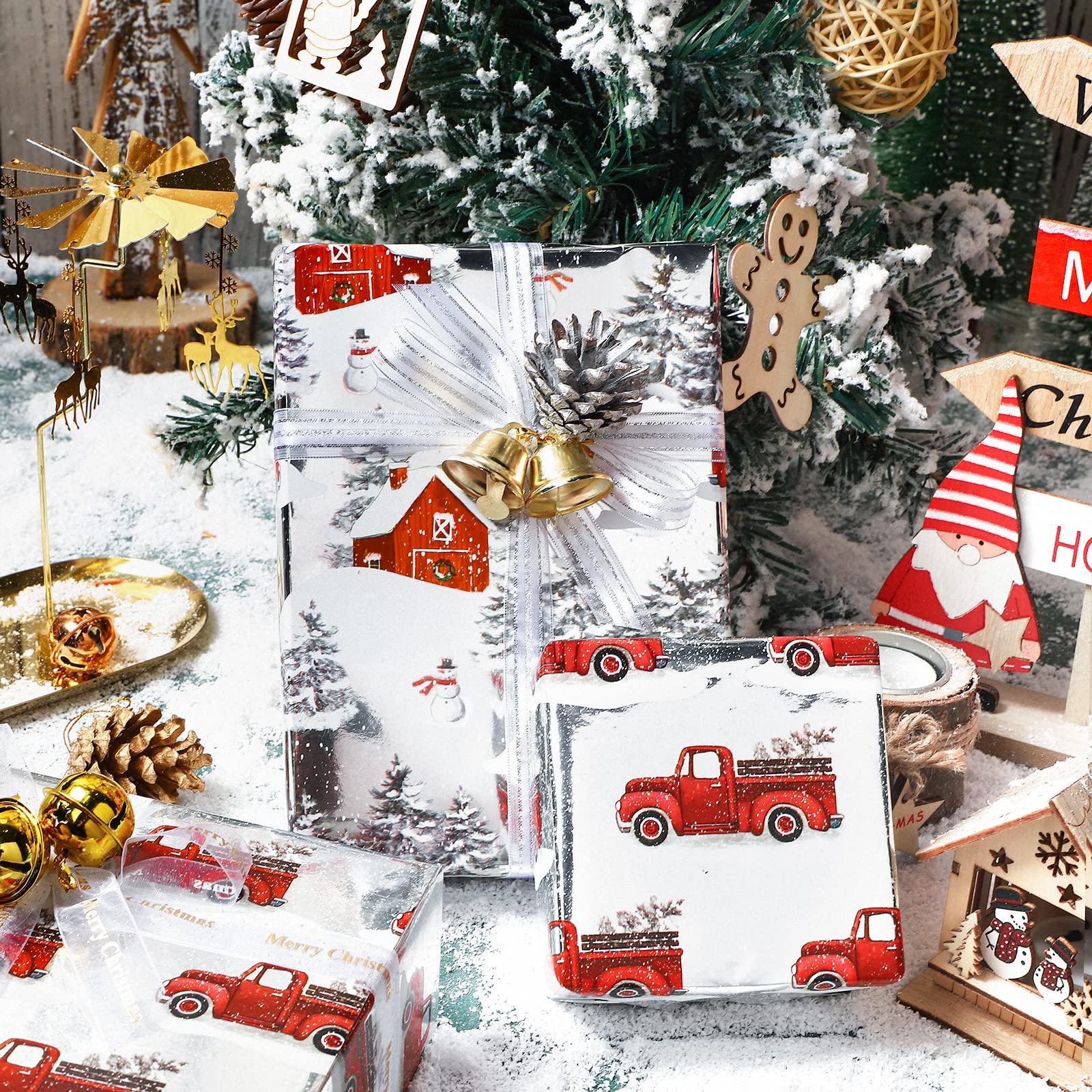 Christmas Wrapping Paper Roll - 3 Mini Rolls (17x120 Inches Each) - Rustic Red & Silver Snow Truck Design with Metallic Foil | Holiday Gift Wrapping, Present Packaging, Xmas Decorations