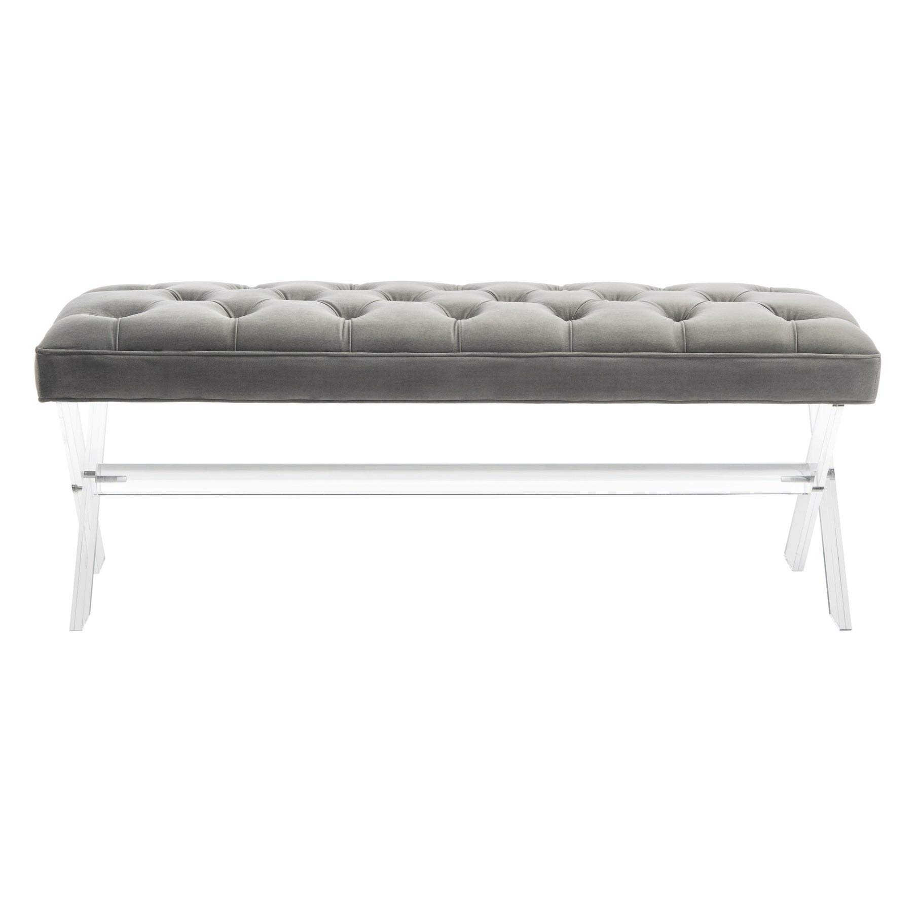 Tufted Acrylic Bench with Grey Glam Finish - Modern Accent Seating for Living Room, Bedroom or Entryway Decor