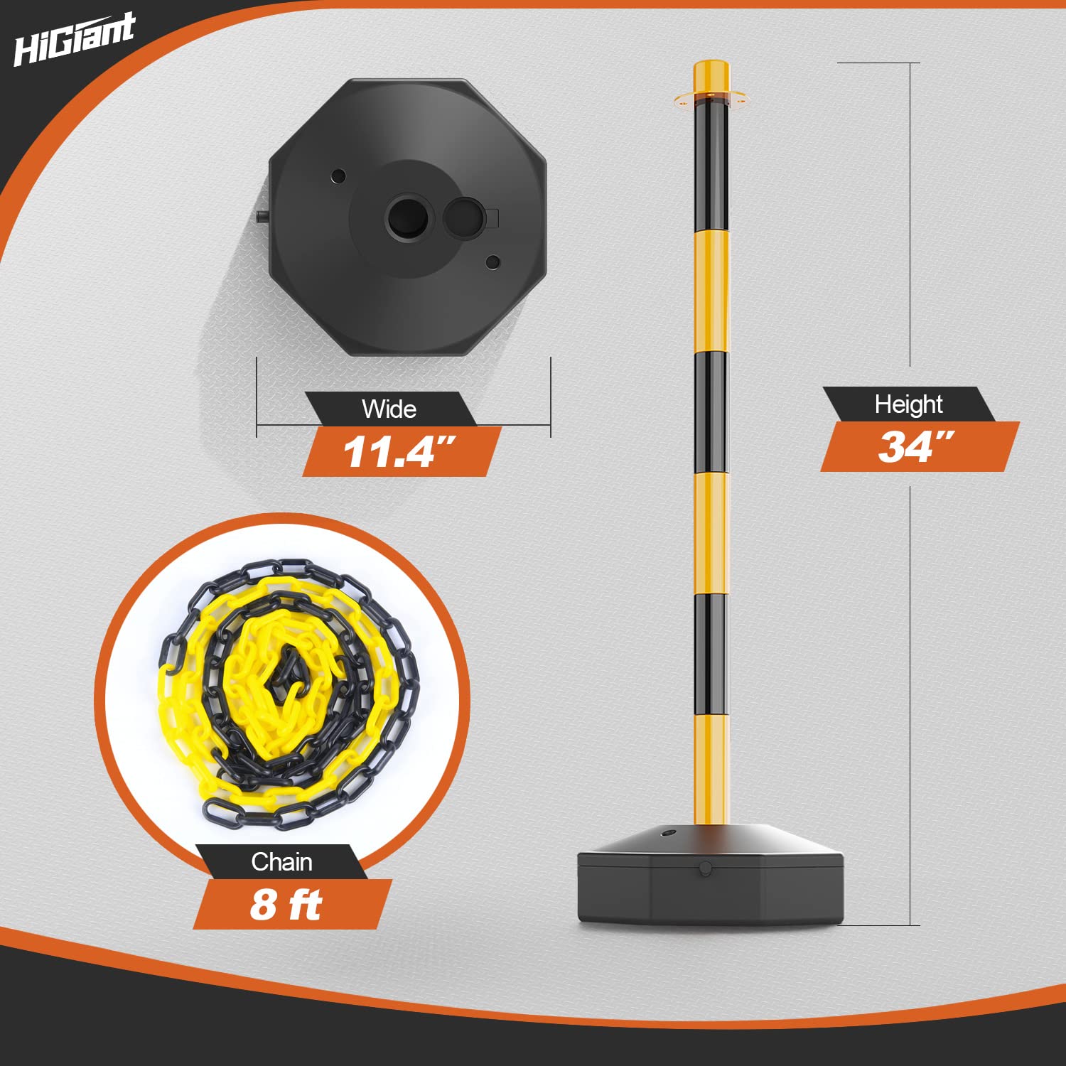 HiGiant 4 Pack Portable Delineator Cones with Fillable Base - Expandable Traffic Safety Barriers, 8Ft Chain Stanchion for Parking Lots, Construction Sites & Road Work | Black & Yellow Safety Cones for Crowd Control & Event Management