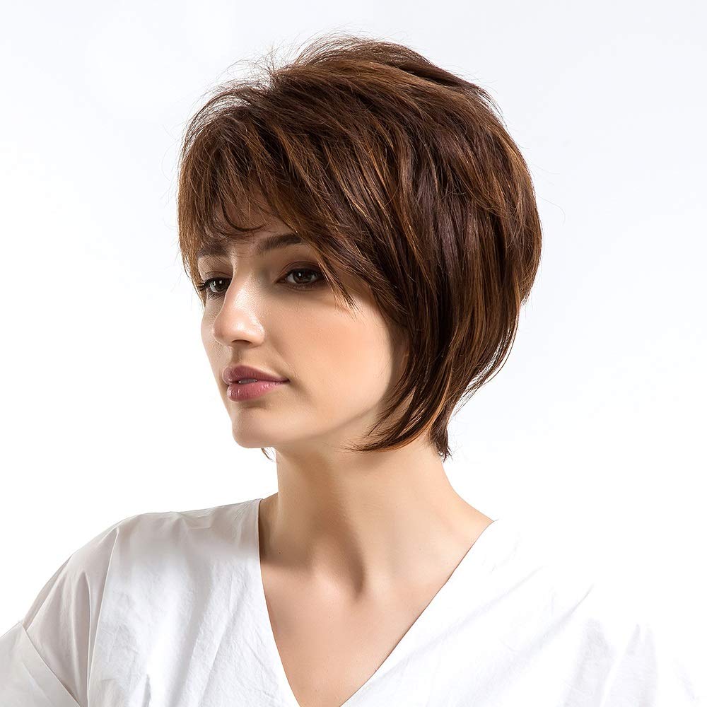 ZJLIUDP Real Human Hair Wigs for Women - Mixed Brown Short Straight Wig with Side Bangs | Perfect for Cosplay, Daily Wear & Special Occasions