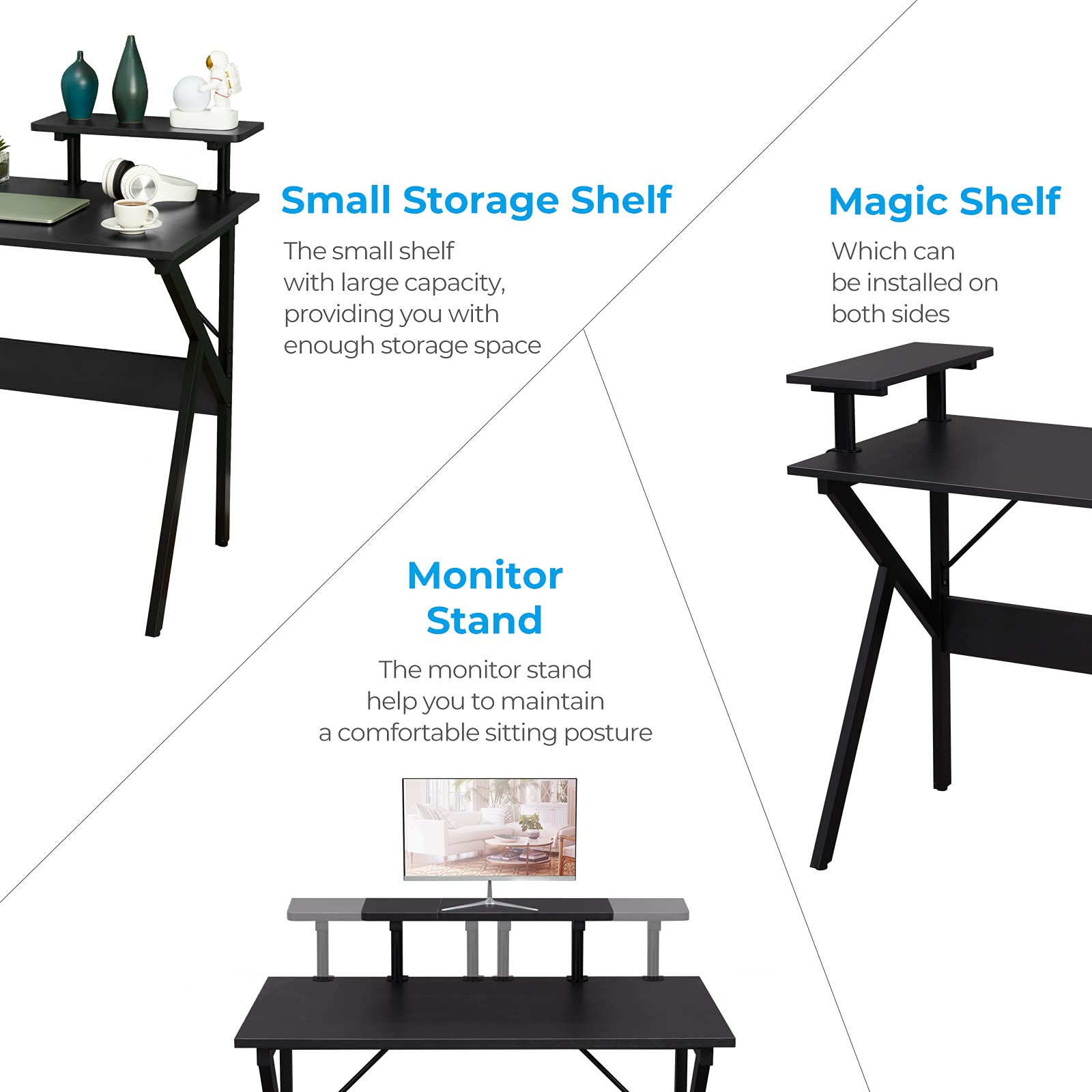 GreenForest 47-inch Home Office Desk with Monitor Shelf - Ergonomic Computer Gaming Desk, Study Writing Table for Workstation (Black) - Perfect for Small Spaces & Remote Work Setup