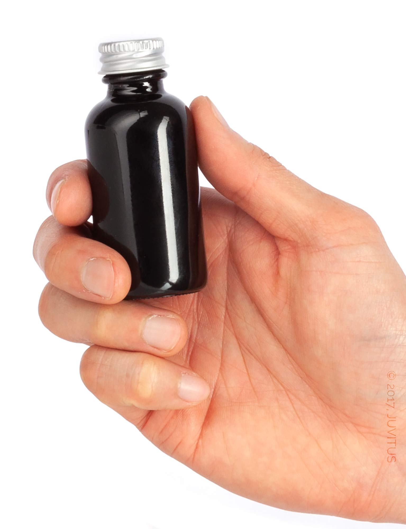JUVITUS 1 oz Black Glass Luxury Boston Round Bottle with Silver Metal Screw On Caps (6 Pack) + Funnel - Perfect for Essential Oils, Perfumes, DIY Beauty & Travel Size Liquids