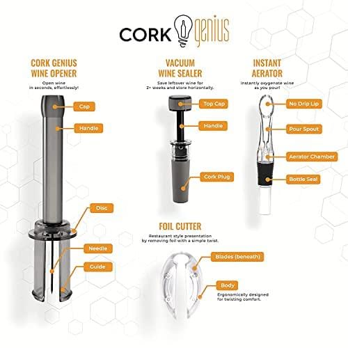 Premium Cork Genius Wine Opener Set (4-Piece) with Essential Wine Accessories - Stainless Steel Air Pump Bottle Opener, Aerator, Foil Cutter & Vacuum Seal Stopper - Perfect for Wine Tasting, Gifts & Home Bars