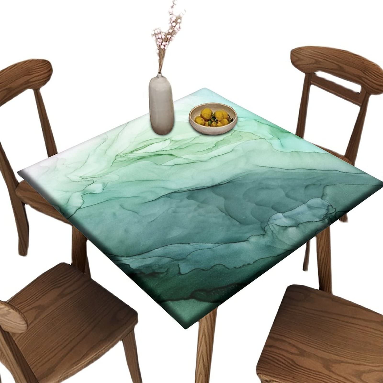 SongYi Vintage Green Marble Print Elastic Tablecloth - 30x30 Inch Washable Polyester Square Table Cover for Dining, Picnic, Patio & Outdoor Party Decor - Fitted Elastic Edge Design