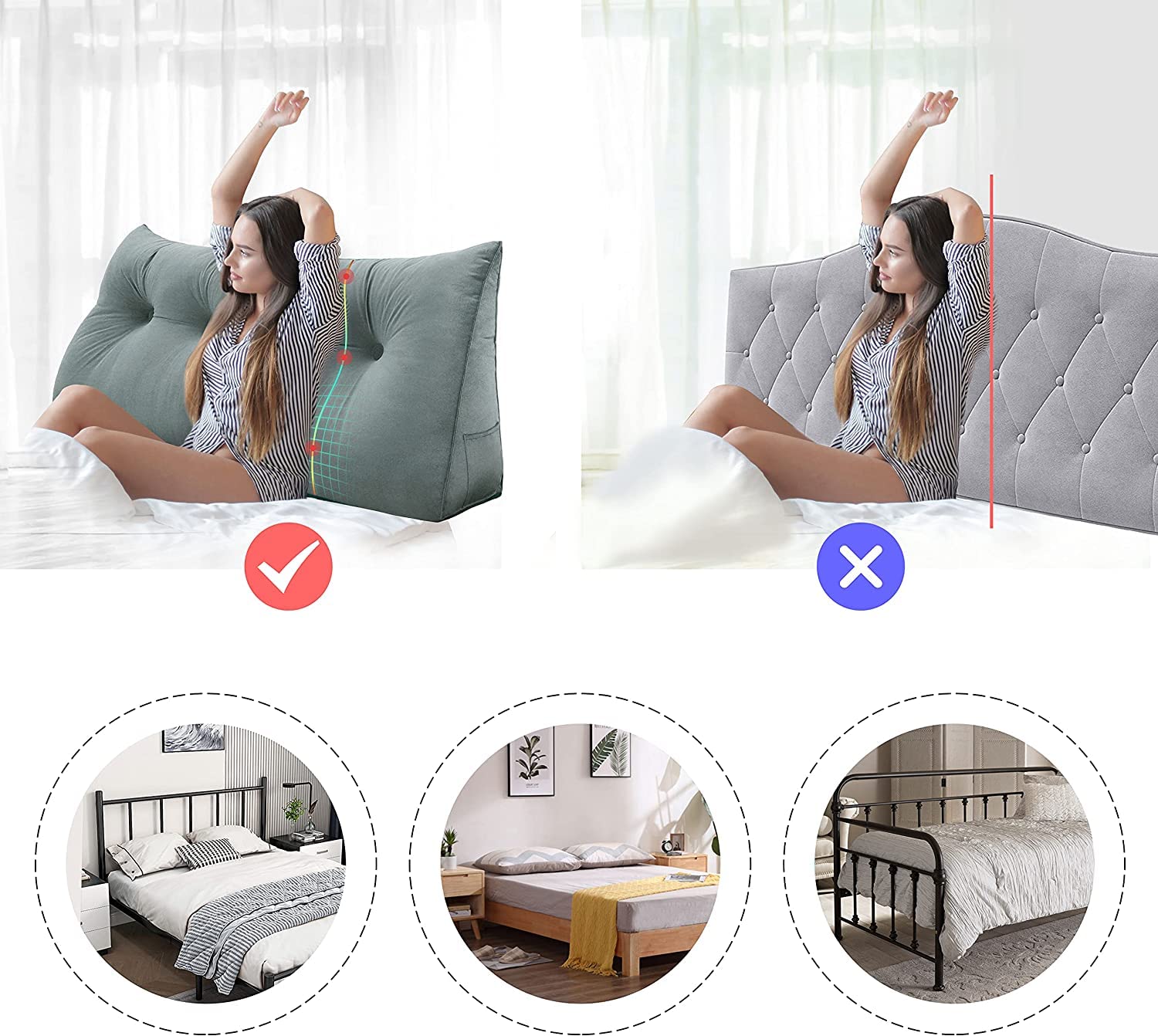 Ergonomic Headboard Reading Pillow with Back Support - Large Adult Backrest Wedge Cushion for Sitting Up in Bed - Velvet Bedrest Pillow for Comfortable Reading, Watching TV, or Relaxing - Light Gray King Size by Roner