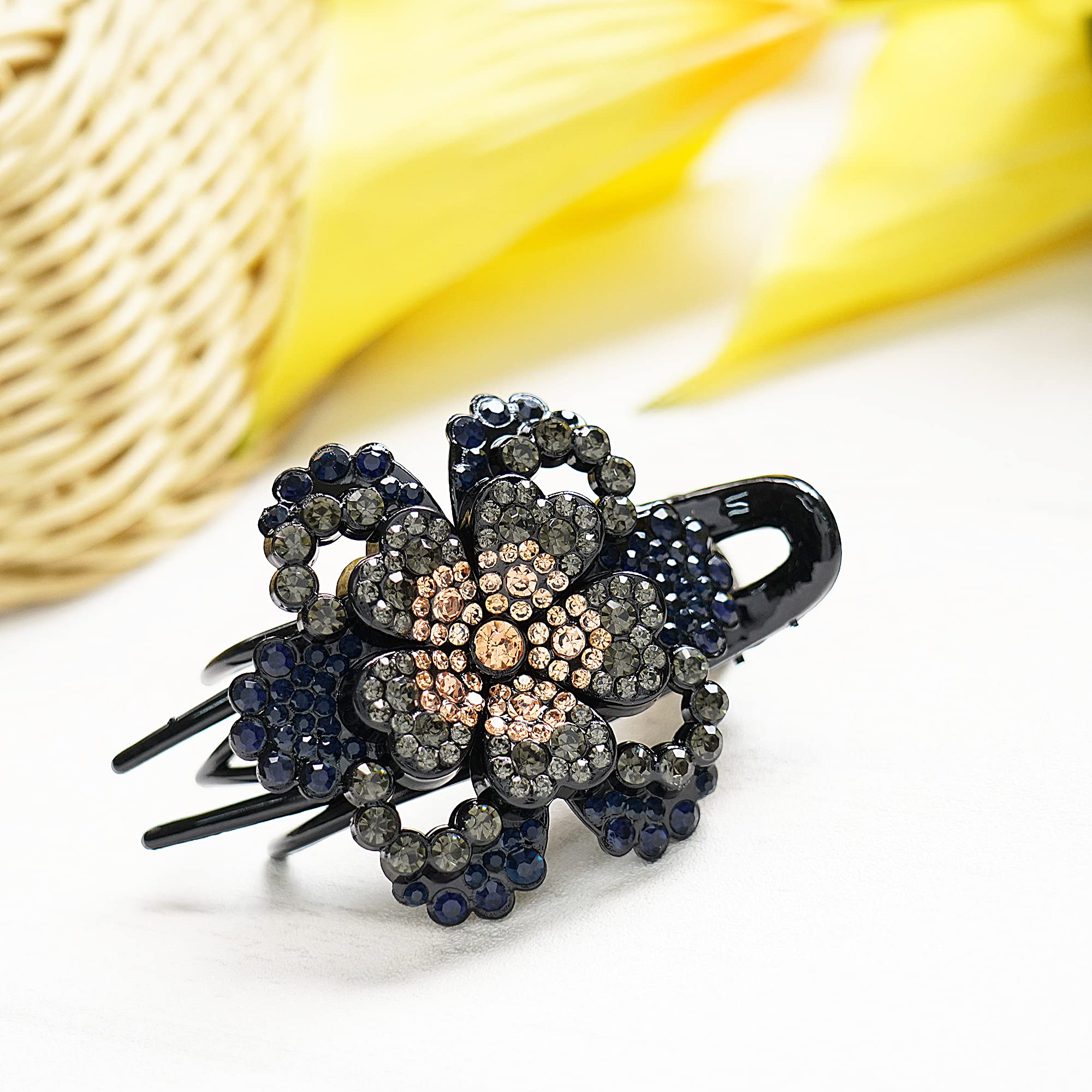 ZEMANIA Rhinestone Hair Claw Clips for Women - Sparkling Crystal Flower Hair Barrettes, Non-Slip Decorative Hair Bun Clips (2-Pack) - Perfect for Parties, Weddings & Everyday Glam