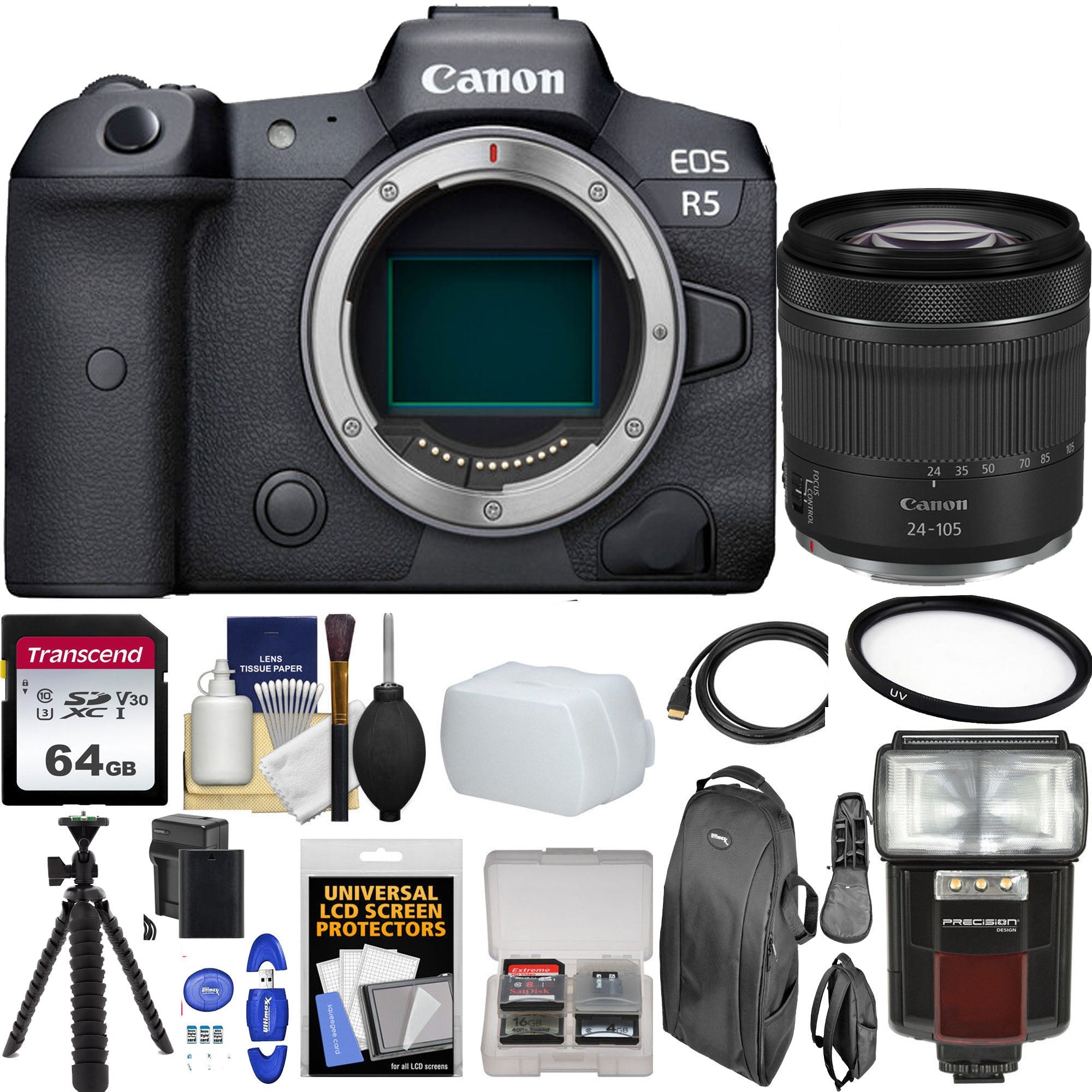 Canon EOS R5 Full Frame Mirrorless Camera with RF 24-105mm f/4-7.1 IS STM Lens | 64GB Memory Card & Accessories Bundle | Professional Photography & Videography for Travel, Events & Content Creation