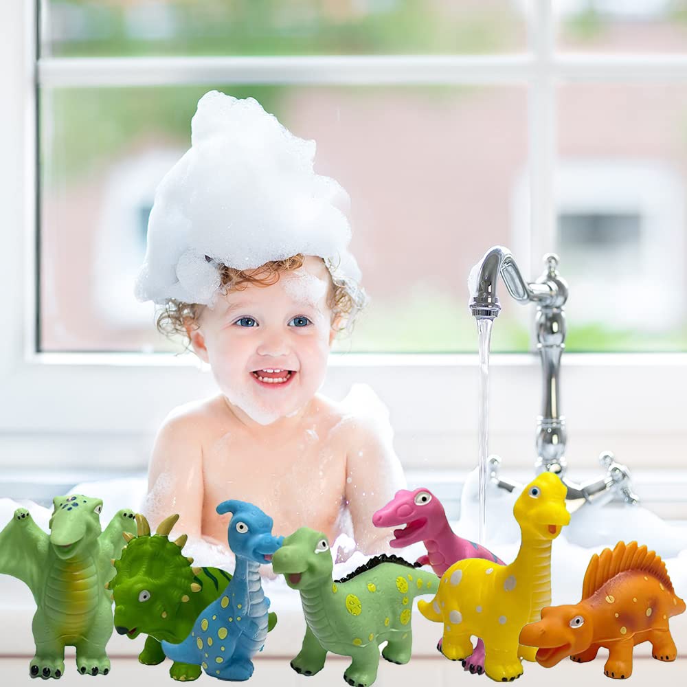 12 PCS Non-Toxic Baby Dinosaur Bath Toys for Toddlers 1-5 Years - Mold Free Rubber Dino Bathtub & Pool Toys Set - Perfect for Kids Bath Time, Baby Showers, Birthday Gifts & Sensory Play (No Hole Design)