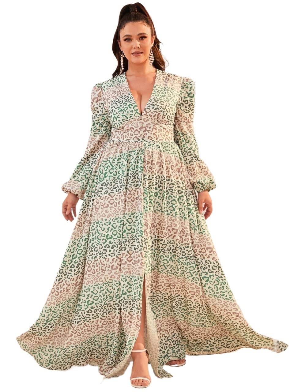 INOUJEKER Women's Plus Size Leopard Print Lantern Sleeve Split Hem Dress - X-Large Multicolor | Casual Party Wear & Office Outfit