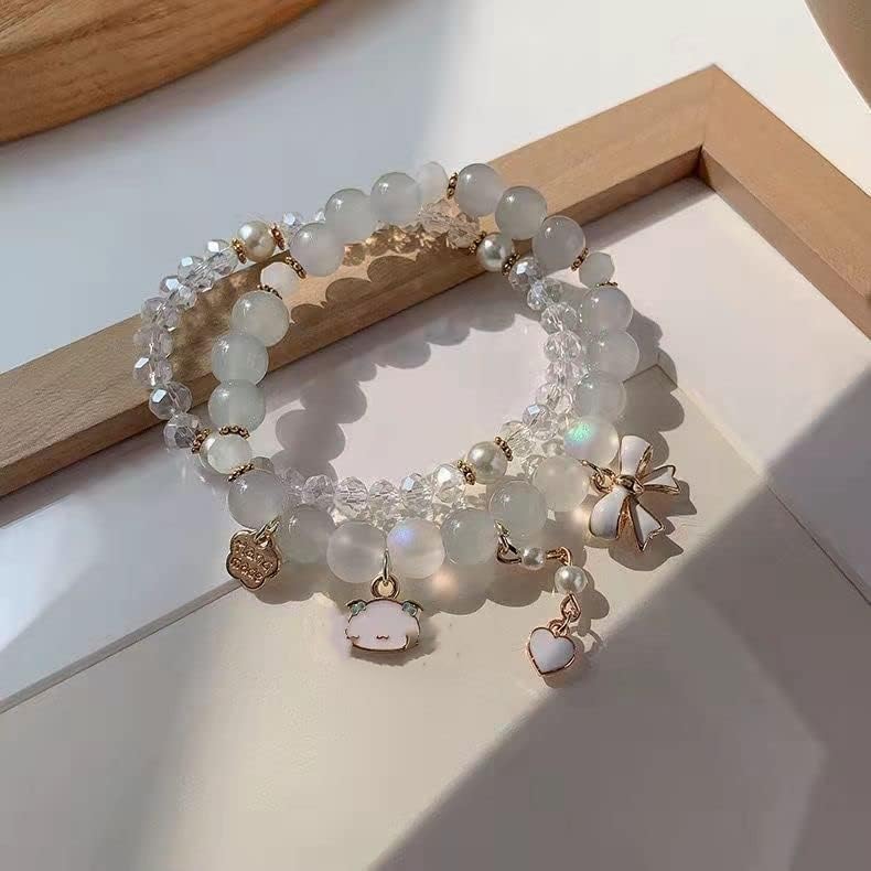 Elastic Cartoon Crystal Beads Pearl Bracelets - Adjustable Kawaii Beaded Strand Bracelet for Women & Girls - Graduation Charm Jewelry Gift for Kids - Perfect for Birthday Parties, School Events and Everyday Fashion Accessories