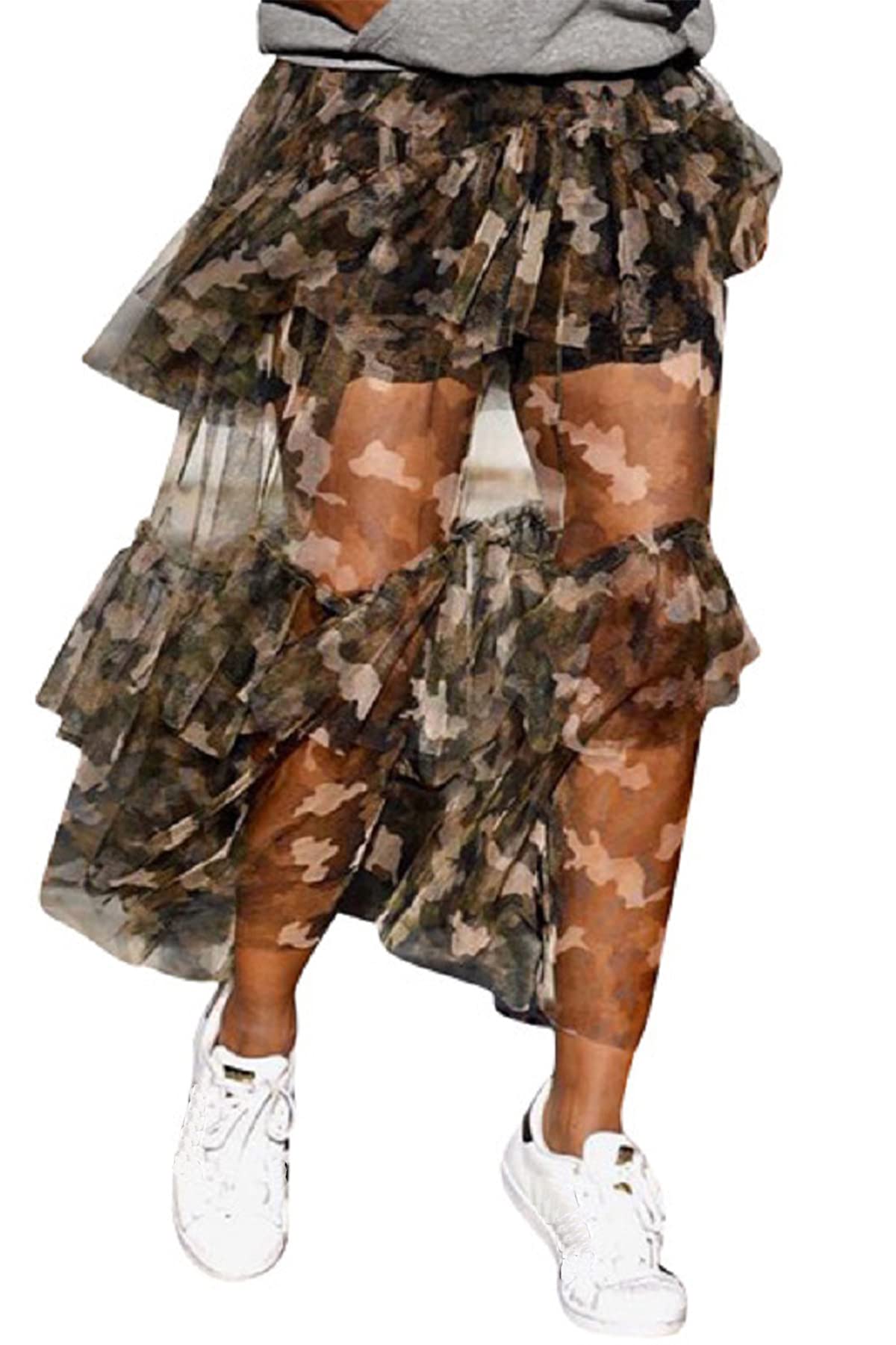 Vakkest Women's Camo Print Midi Skirt - Elegant High Waist Vintage Bodycon Dress with Front Slit & Pleated Ruffle Details | Perfect for Casual Outings, Date Nights & Boho Chic Style