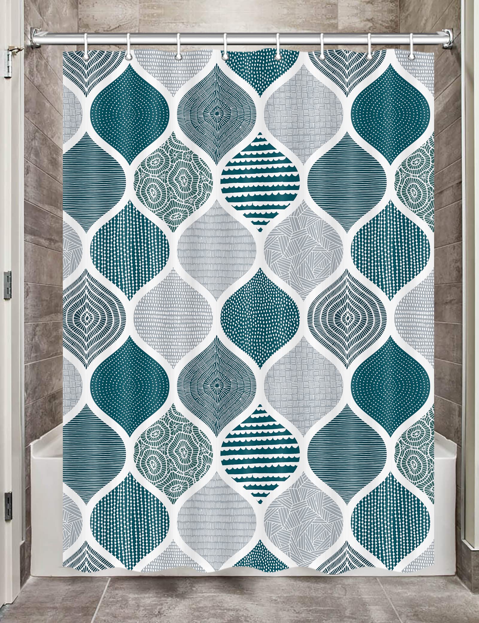 Bohemian Teal and Grey RV Shower Curtain Set for Travel Trailers - 47x64 Inch Waterproof Fabric Bathroom Curtain with Hooks - Perfect for Campers, Tiny Homes & Outdoor Adventures