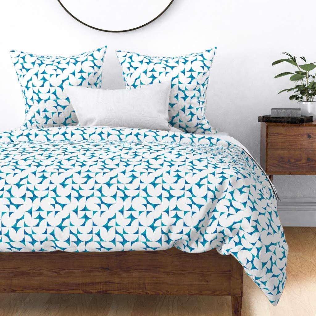 Custom Geometric Tiles Surf Coordinate Blue Mid Century Modern Green Abstract Bauhaus Print Cotton Sateen Duvet Cover - King/California King Size | Premium Bedding for Modern & Boho Chic Bedrooms