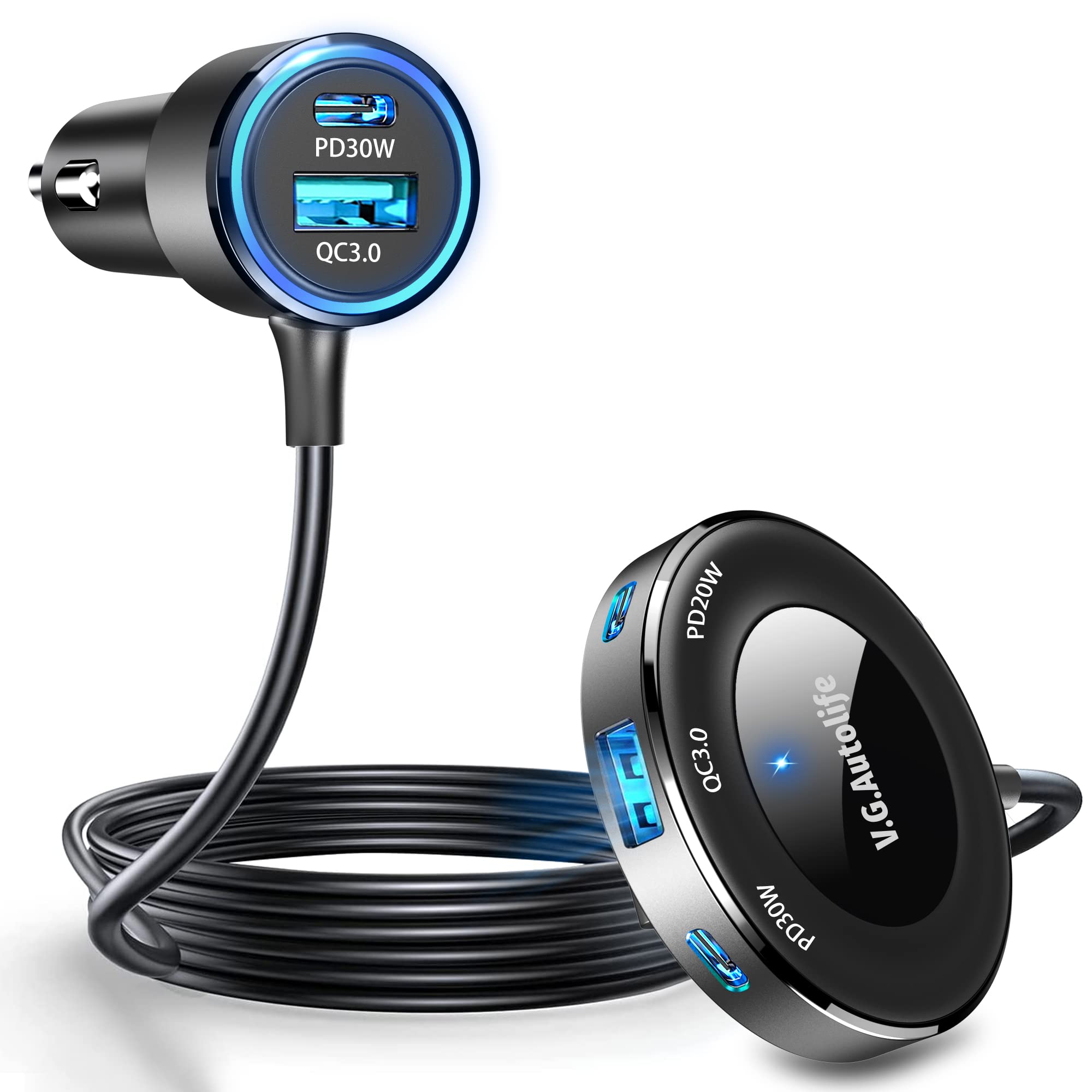 98W 5-in-1 Super Fast USB C Car Charger with Dual PD 30W & QC3.0 Ports - Multi-Port Cigarette Lighter Charger Adapter for iPhone, Samsung, iPad, MacBook, Fire Tablet - Perfect for Road Trips & Long Drives