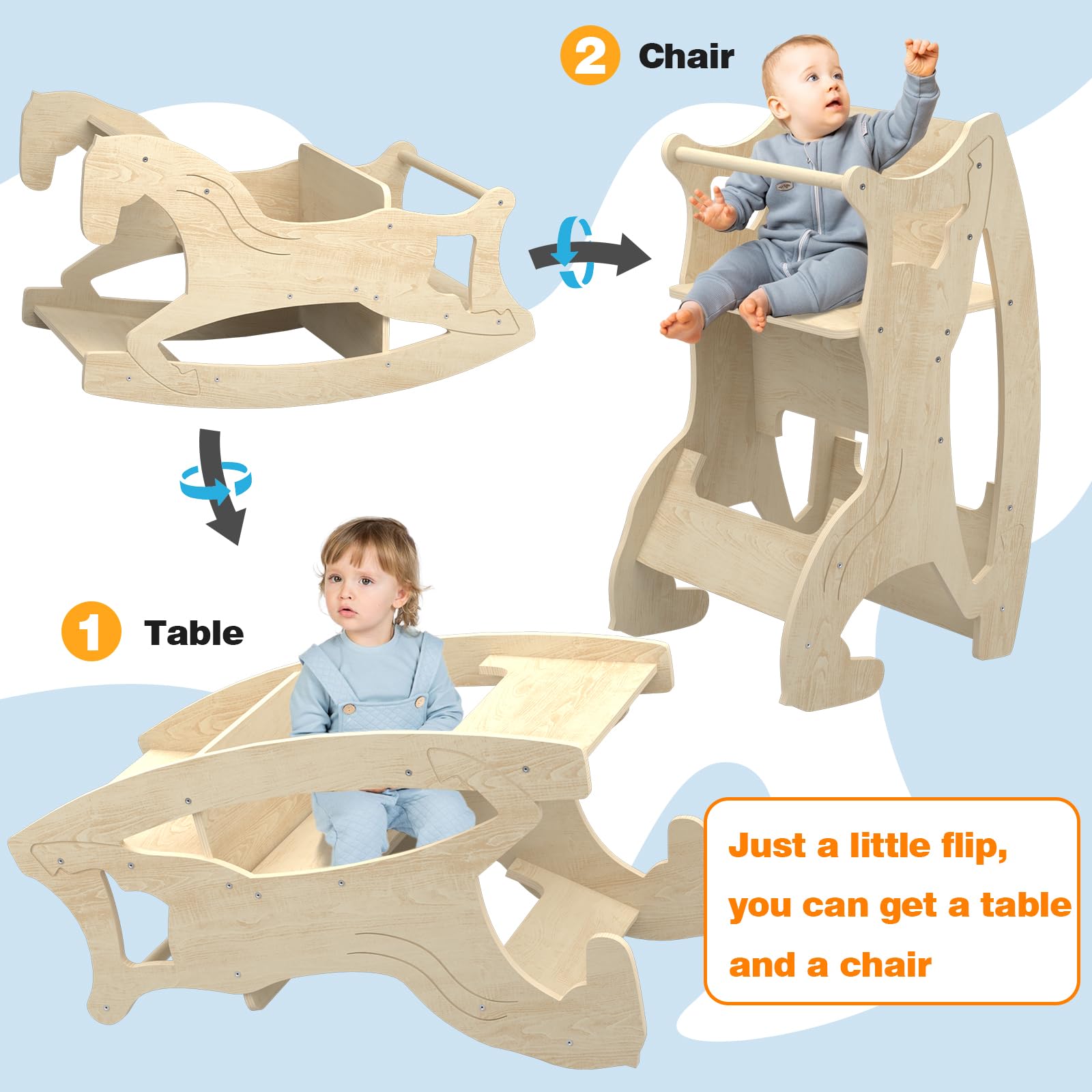 **Montessori Wooden Rocking Horse for Toddlers - 2-in-1 Baby Rocking Toy & Weaning Table Chair Set - Natural Wood Nursery Furniture for Playroom, Living Room & Kitchen - Safe & Educational Toddler Rocker**    *(Perfect for Montessori Learning, Indoor Play, and Transitioning to Solid Foods)*