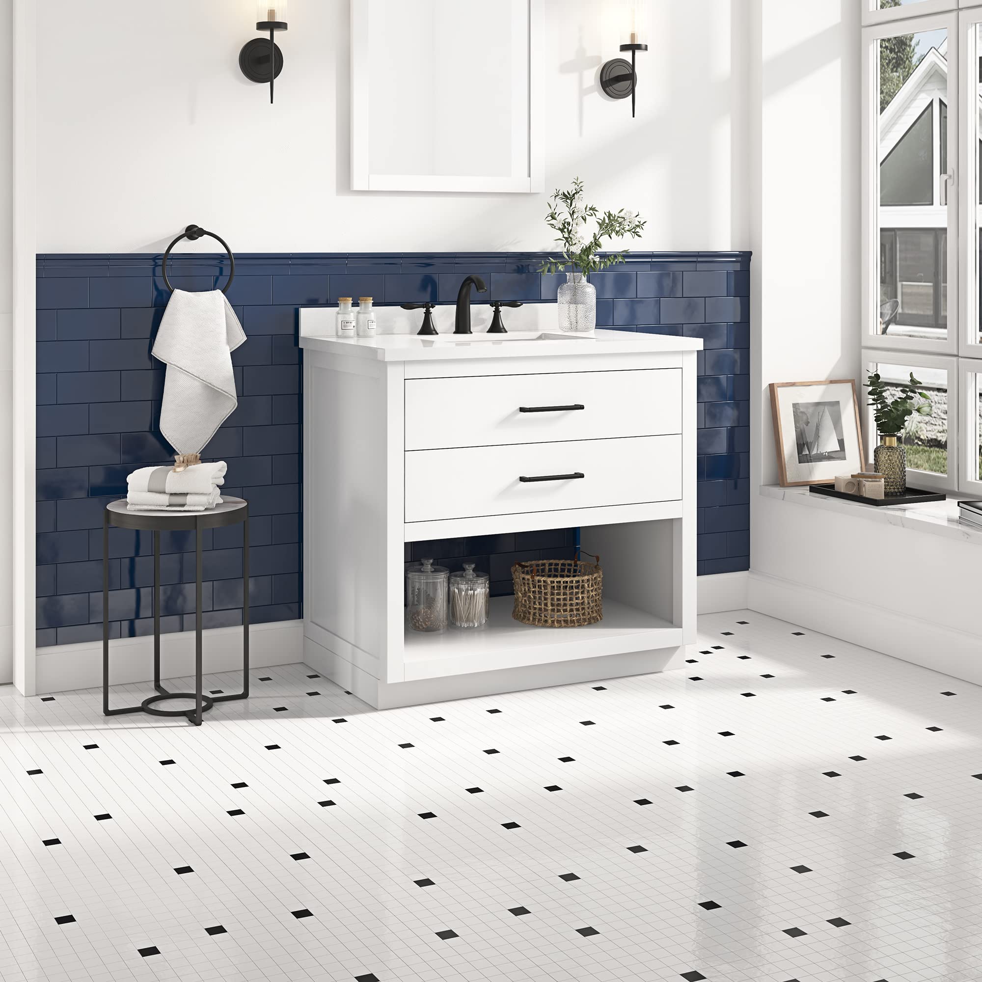 Ove Decors Rider 36 Inch Single Sink Bathroom Vanity in White - Modern Space-Saving Vanity for Small Bathrooms & Powder Rooms
