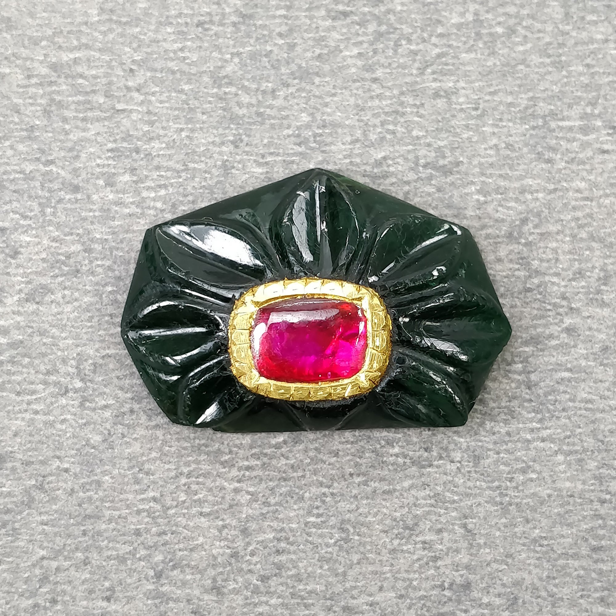 16.00cts Natural Untreated Emerald & Ruby Gemstone with 24K Gold - Hand Carved Uneven Shape 24x16mm Pendant for Jewelry Making, Gift Giving & Special Occasions