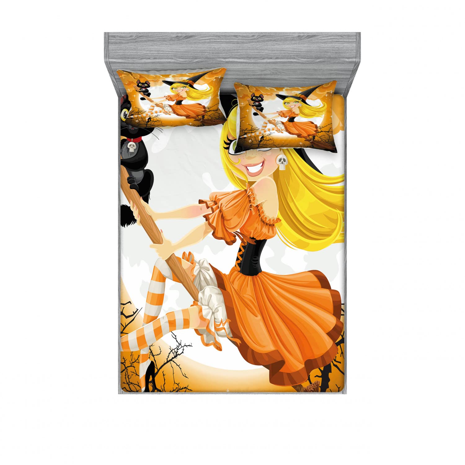Ambesonne Halloween 2-Pack Queen Size Fitted Sheet & Pillow Sham Set - Witch Themed 4-Piece Bedding Decor with Vibrant Colors (2 Fitted Sheets + 4 Pillow Covers) - Perfect for Spooky Bedroom Decor, Halloween Parties & Themed Guest Rooms