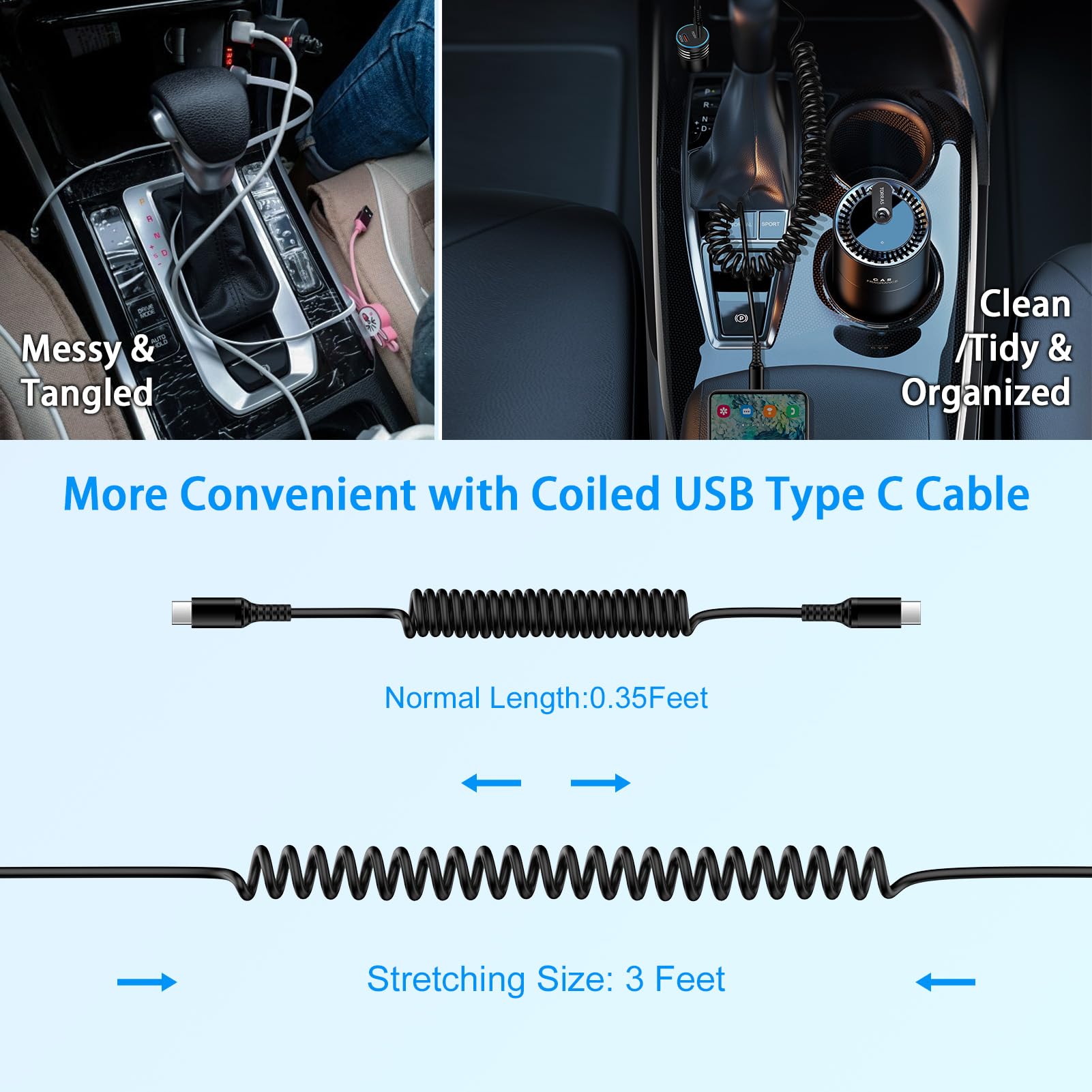 3ft Coiled USB C to USB C Fast Charging Cable - Compatible with iPhone 16/16 Pro Max, Samsung Galaxy S25 Ultra/S25+/A16 5G/S24 Plus FE/A35/A15 - Retractable Short Car Charger for Android Auto & CarPlay - Perfect for Road Trips & Daily Commuting