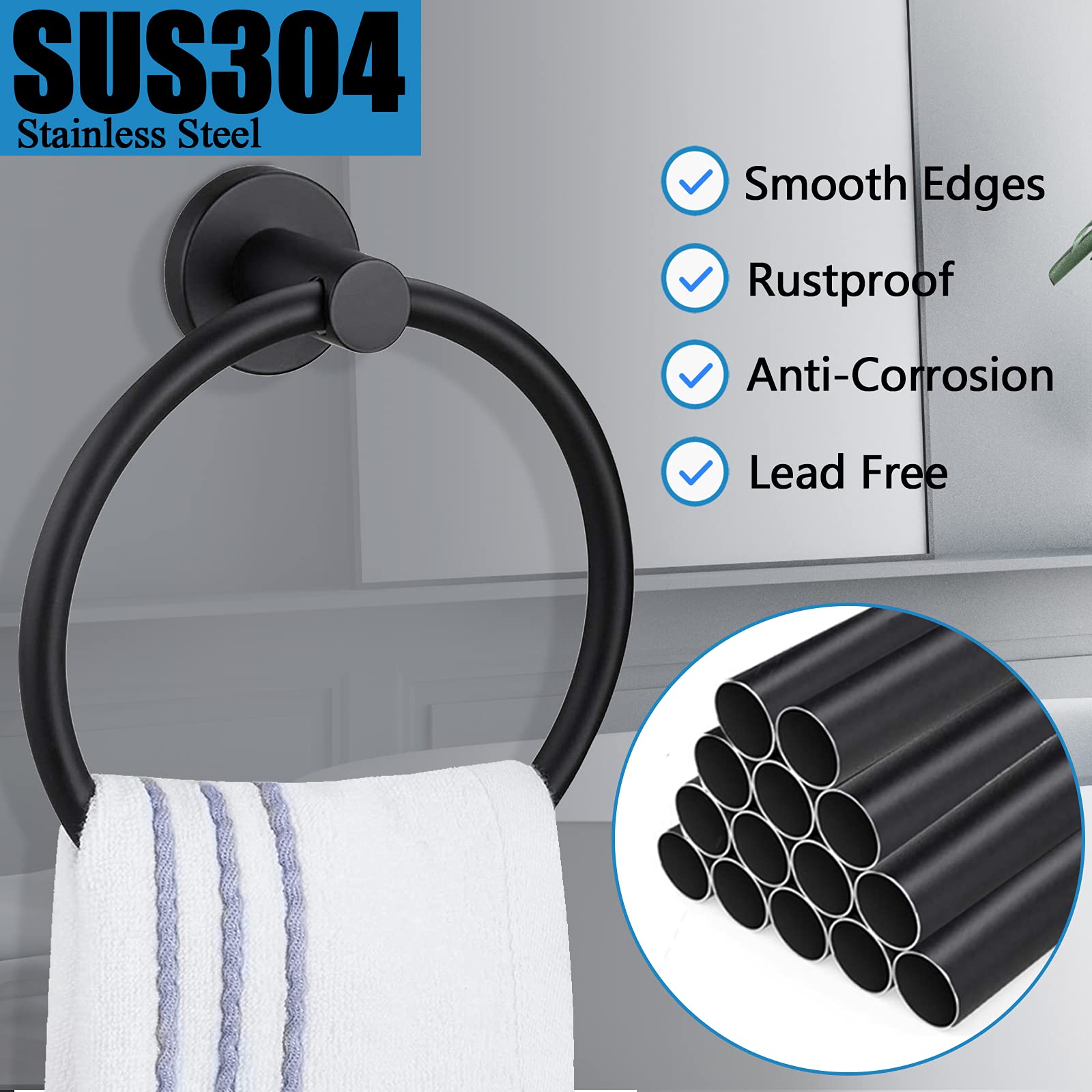 Pynsseu Matte Black Towel Ring - Heavy Duty Stainless Steel Bathroom & Kitchen Towel Holder (1 Pack) - Wall Mounted Storage Solution for Hand Towels, Dish Towels & Washcloths