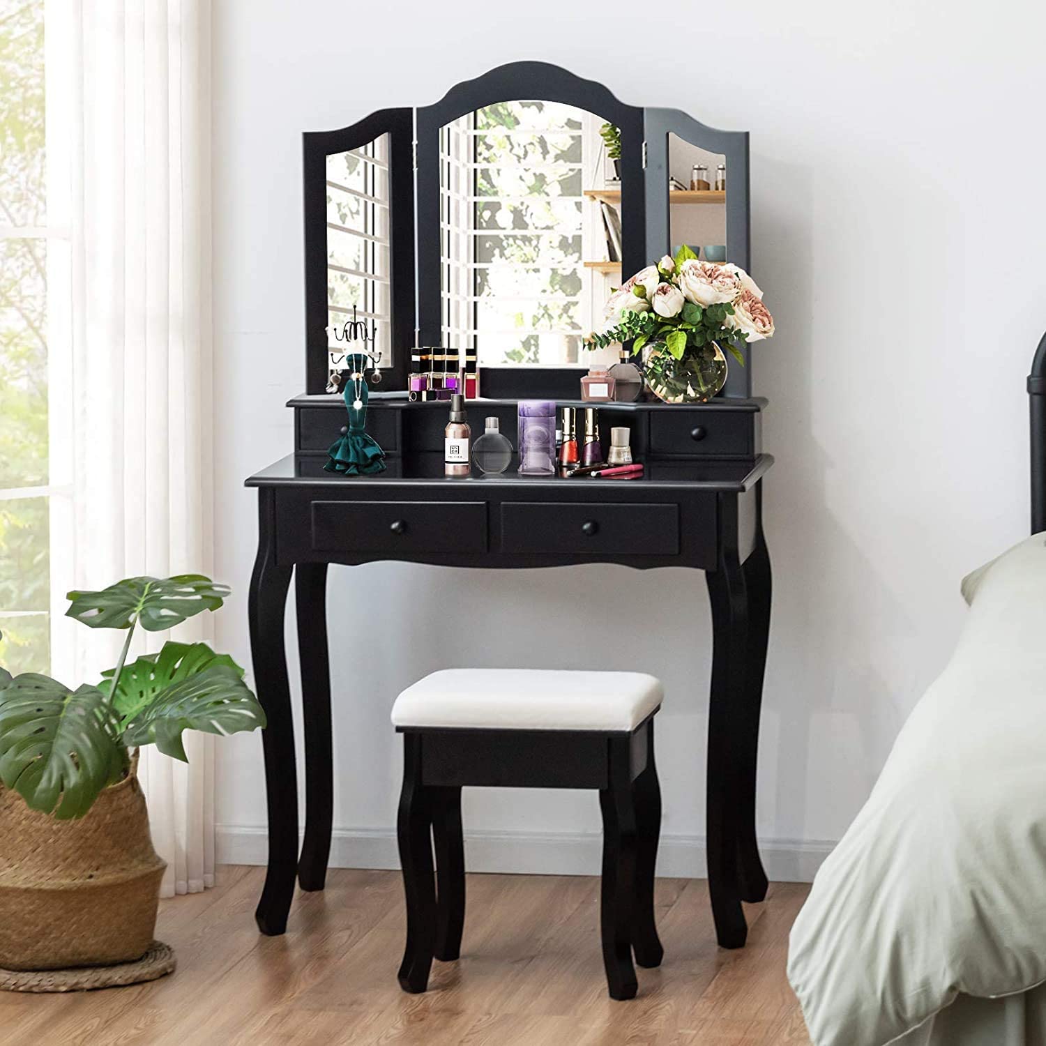 MAT EXPERT Vanity Desk Set with Mirror and Drawer - Modern Dressing Table with Cushioned Stool & 4 Storage Drawers - Tri-Folding Mirror Makeup Vanity for Bedroom, Bathroom, Nursery - Perfect for Daily Beauty Routine & Home Decor (Black)