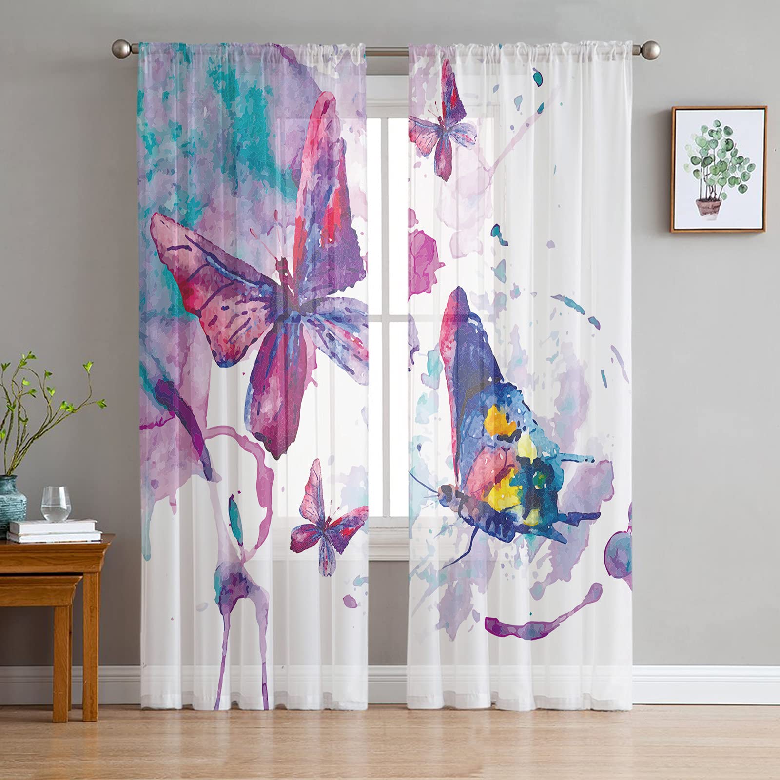 2 Panels Semi Sheer Curtains - Butterfly Abstract Watercolor Design in Violet Purple, 52