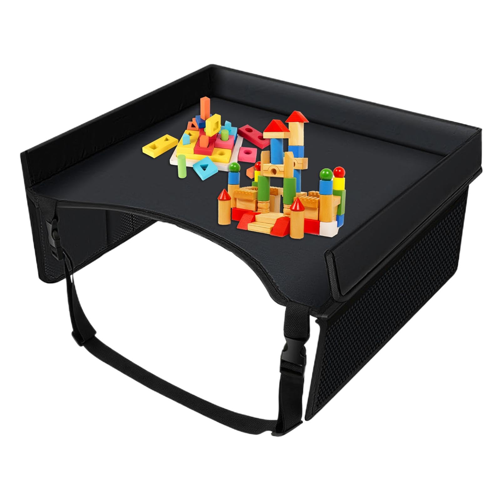 Foldable Kids Car Seat Tray with Adjustable Strap & Pocket - Travel Lap Desk for Snacks & Toys