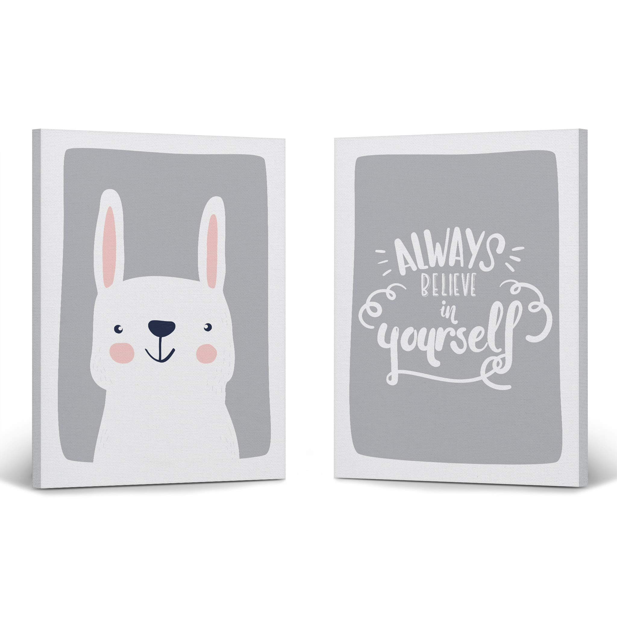 Cute Rabbit & Motivational Quote 2-Piece Canvas Wall Art Set - Gray Background Nursery Decor for Baby Boy & Girl Rooms - Ready to Hang Made in USA (40x30 inches) - Perfect for Kids' Bedroom, Playroom & Nursery Wall Decor