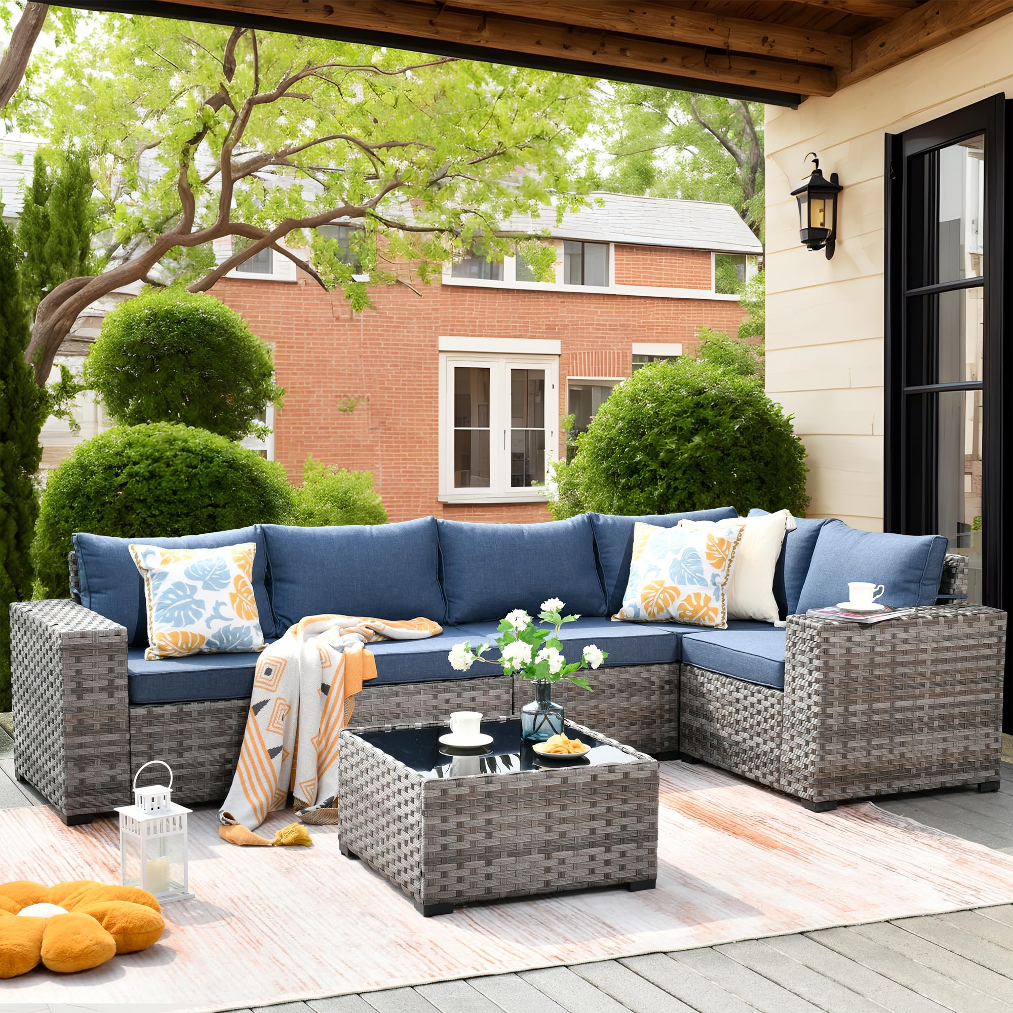 6-Piece Outdoor Patio Furniture Set - Modern Modular Wicker Rattan Sectional Sofa with Deep Seats & Comfy Cushions in Denim Blue - Perfect for Backyard, Garden, Poolside & Deck Relaxation