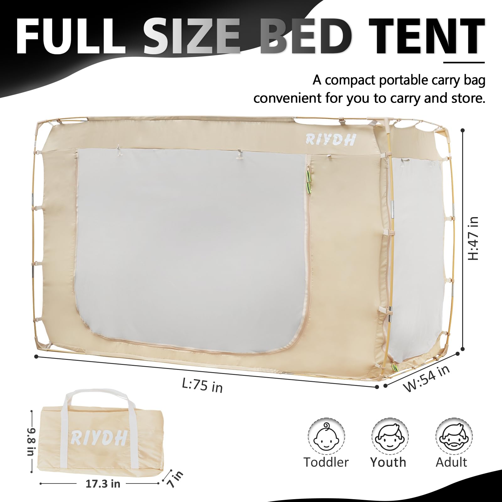 Original Design Full Size Bed Tent Canopy for Adults & Kids - Portable Indoor Sleeping Tent with 70% Blackout, 3 Doors & Breathable Big Space | Perfect for Camping, Sleepovers, Privacy & Relaxation at Home