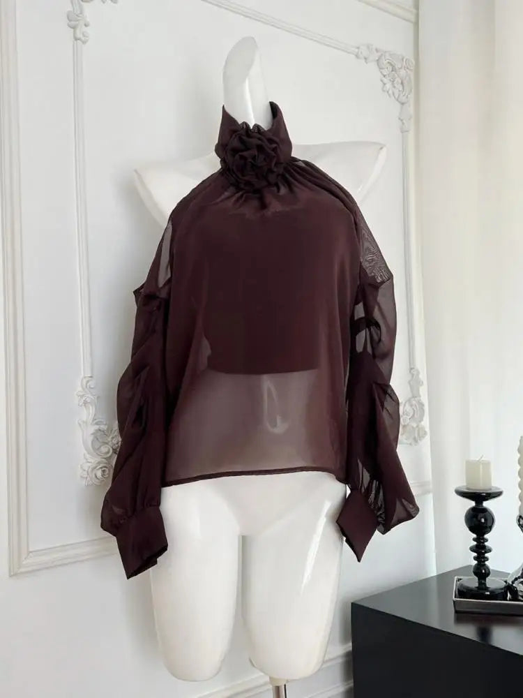 Elegant Autumn Brown Floral Long Sleeve Halter Blouse for Women - Fashionable Off Shoulder Pleated Pullover Shirt for Fall Festivals, Date Nights & Special Occasions