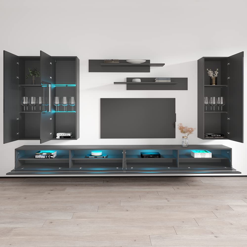 Modern Wall-Mounted TV Stand with Storage & LED Lights - Meble Fly E35 Entertainment Center for Living Room & Bedroom - Space-Saving Console with Shelves (EF5, Gray) - Perfect for Small Apartments & Home Theater Setups