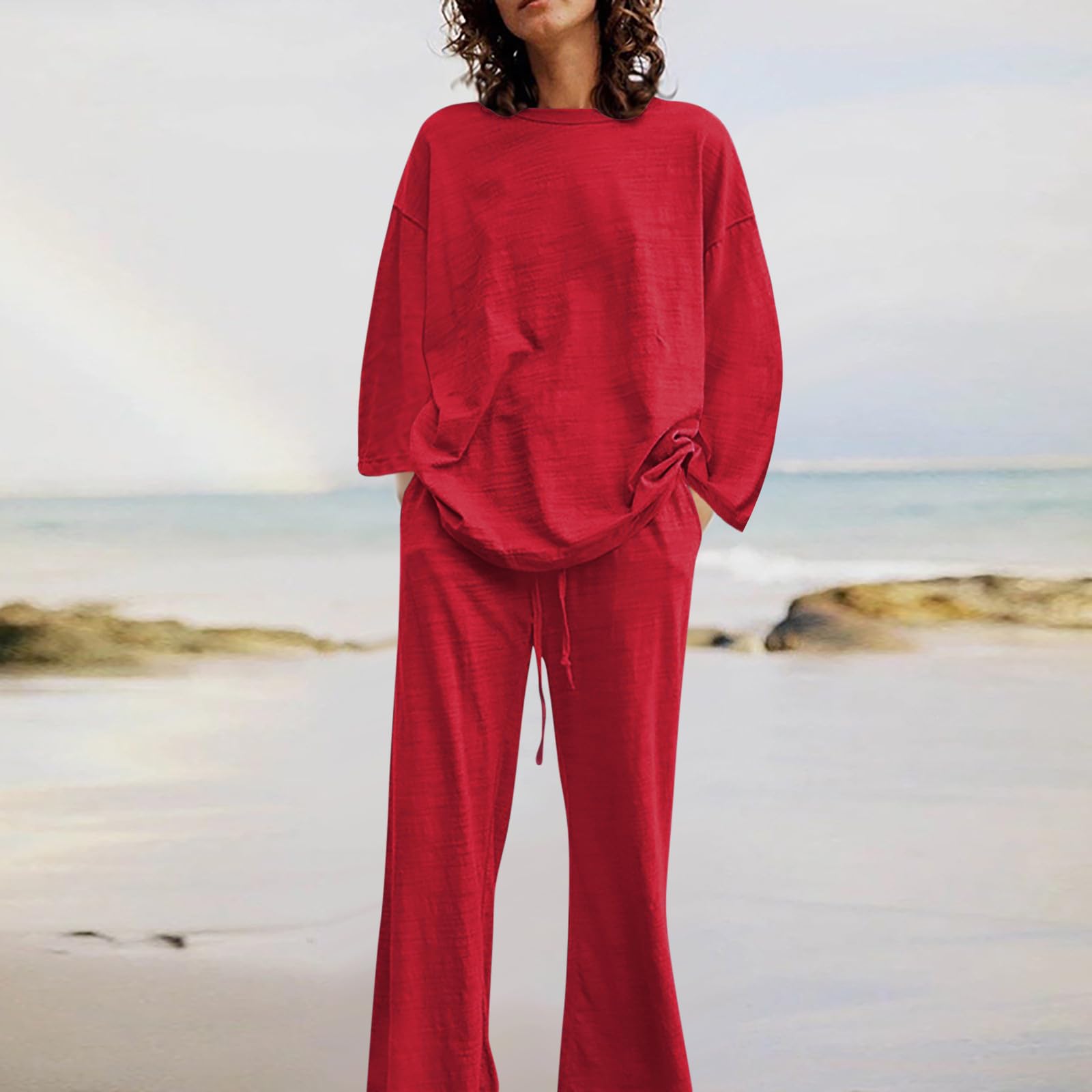 Women's 2-Piece Linen Lounge Set - Extra Long Pants & Top for Tall & Plus Size Women - Maternity & Casual Wear - Perfect for Relaxing at Home, Yoga, or Travel
