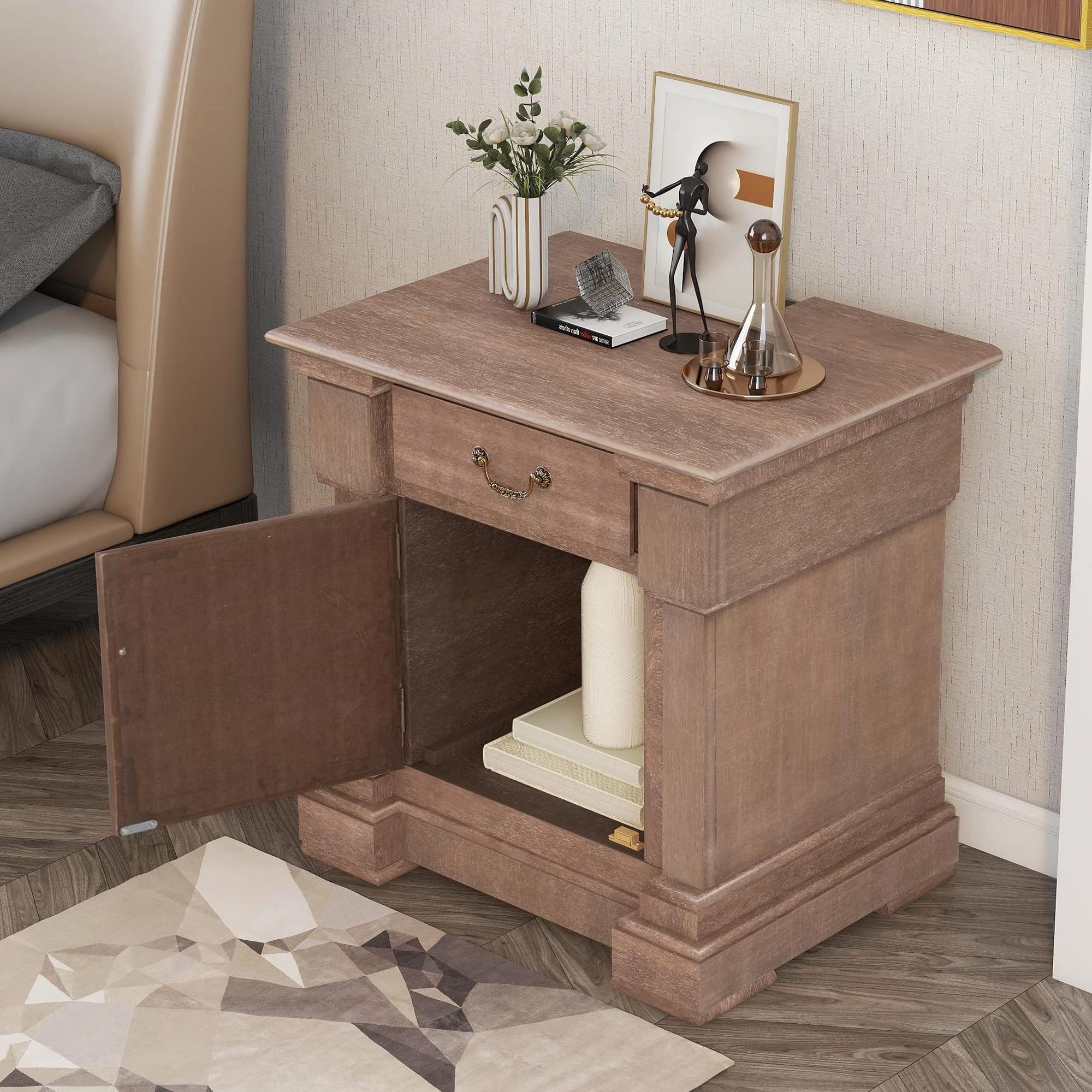 Merax Nightstand with Drawer & Cabinet - Small Bedside End Table with USB Charging Ports - Compact Dresser for Bedroom & Living Room - Brown Wood Nightstand (Perfect for Charging Devices & Storing Essentials)