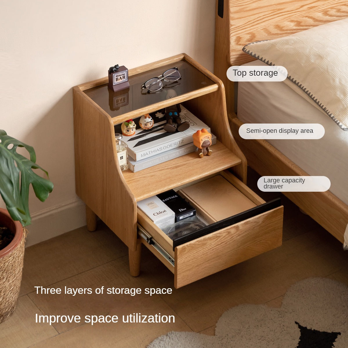 Solid Oak Wood Nightstand with Glass Top - Modern Bedside Table for Bedroom, Living Room, or Office