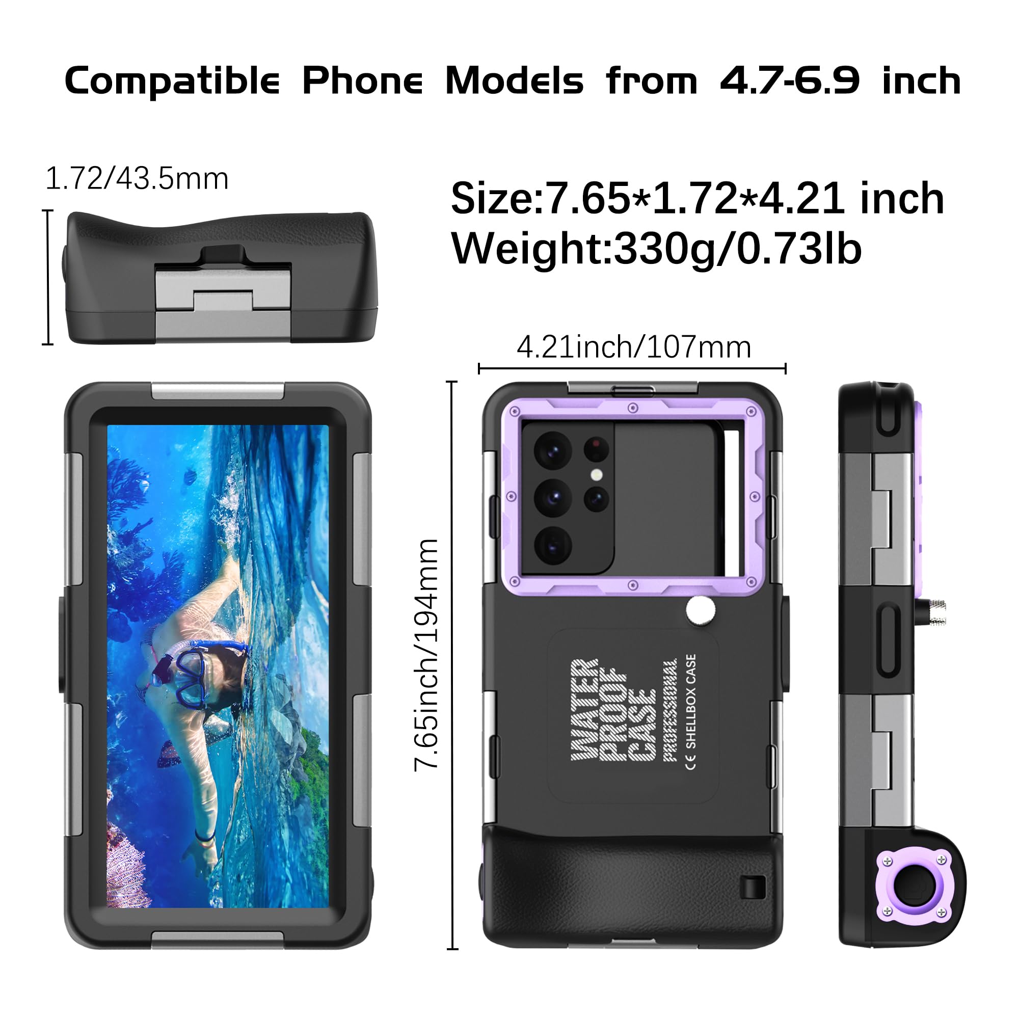 **Universal Waterproof Phone Case for Diving & Snorkeling - Underwater iPhone 16/15/14/13/12/11/Pro Max & Samsung Galaxy S24/S23/S21/Ultra - Purple with Lanyard - Perfect for Scuba, Swimming & Capturing Photos/Videos**