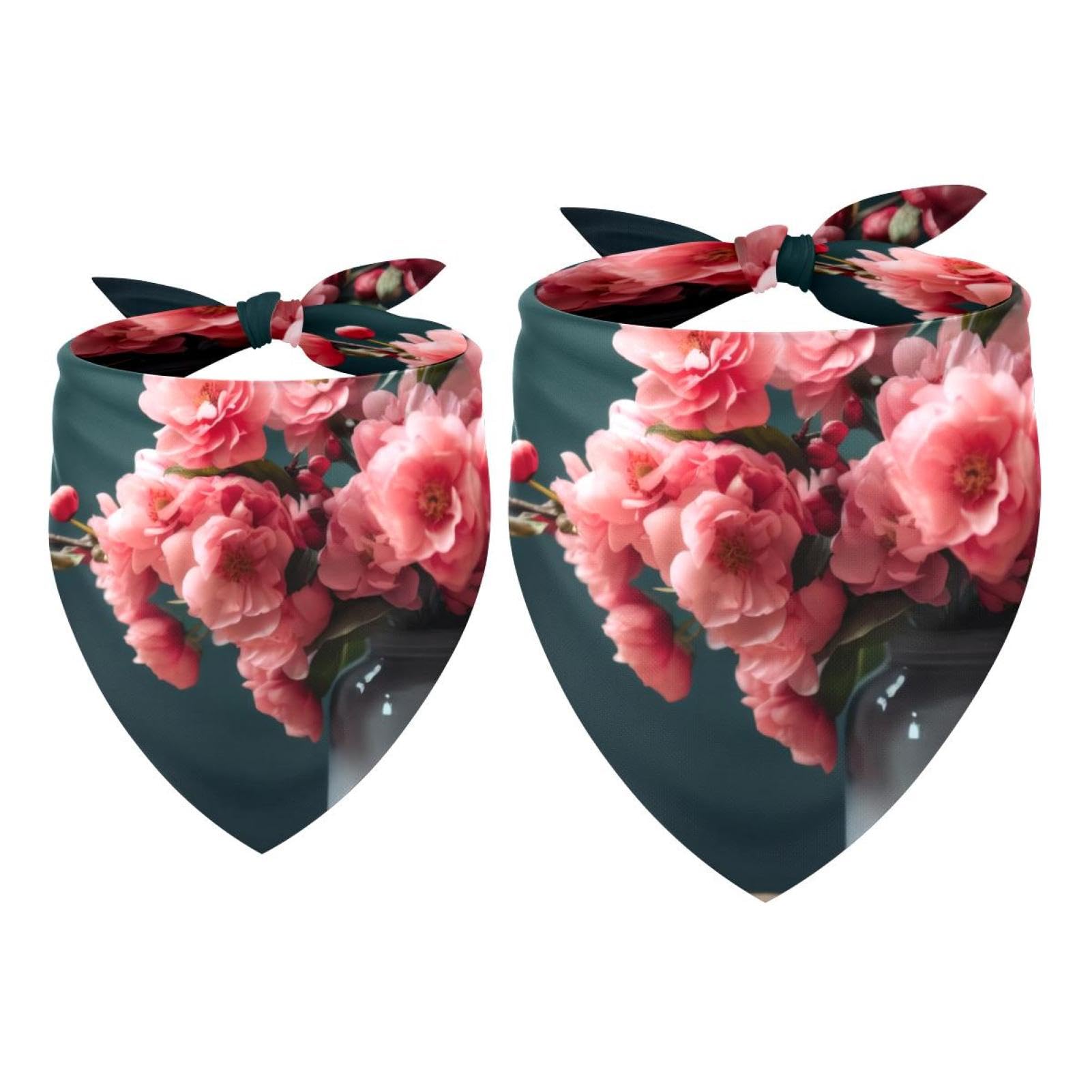 Dog Bandanas for Small Medium Large Pets - 2-Piece Set with Vase and Pink Flowers Pattern - Adjustable Dog Scarf for Dogs & Cats - Perfect for Pet Parties, Photo Shoots & Daily Walks