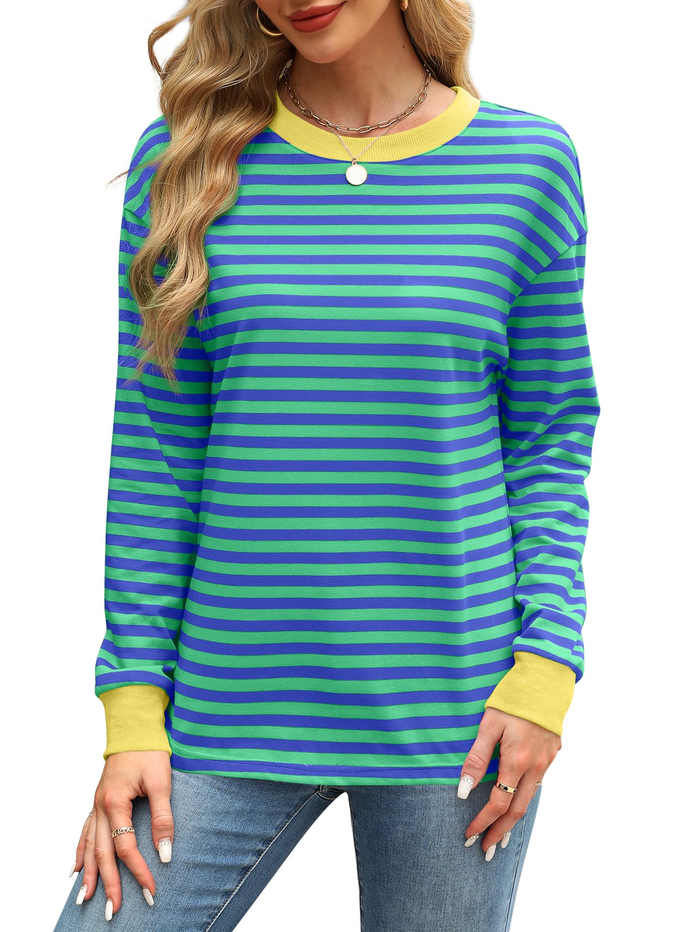 WIHOLL Women's Long Sleeve Striped Tunic Top - Crewneck Casual Blouse for Work, Office & Everyday Wear | Comfortable & Stylish Plus Size Tops