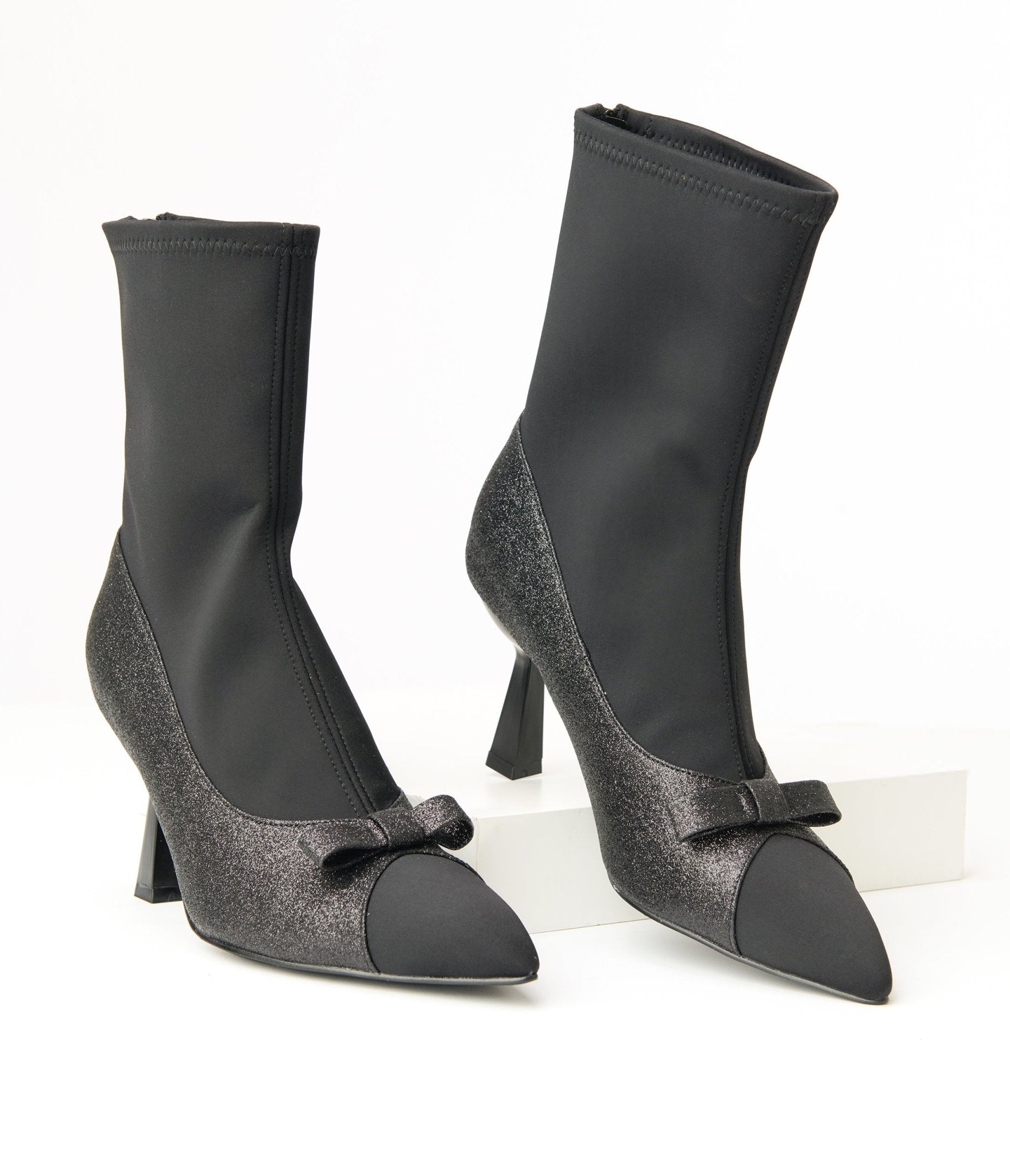 Vintage 1950s Black Glitter Bow Boots for Women - Retro Party Shoes for Christmas, Halloween & Special Occasions