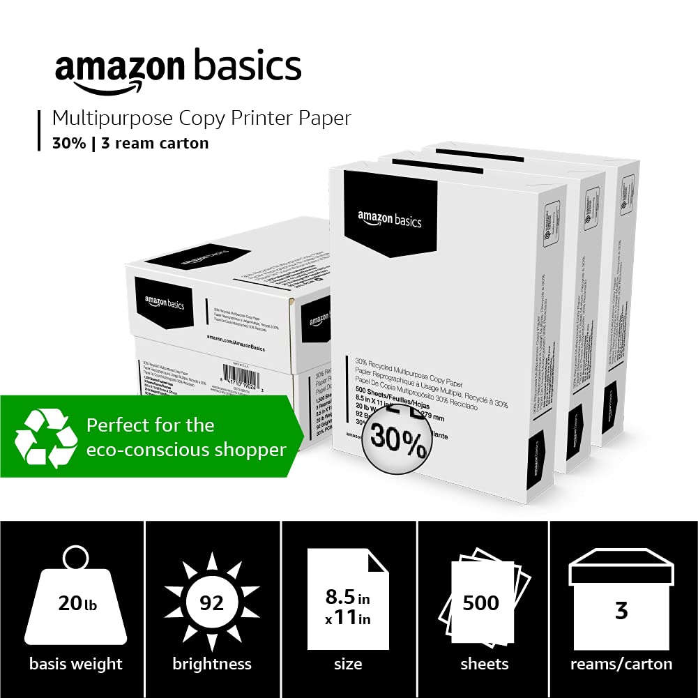 Amazon Basics 30% Recycled Multipurpose Copy Printer Paper, 8.5