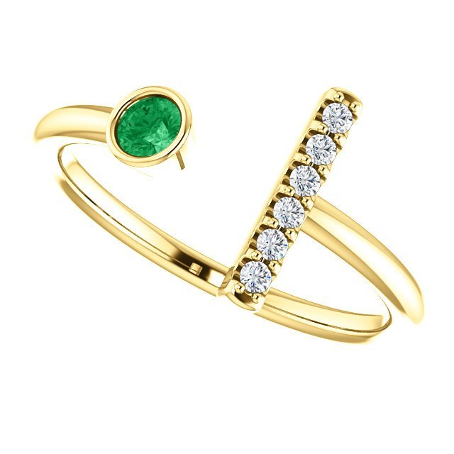14K Gold 0.11ct Emerald & 0.05ctw Diamond Bezel Bar Ring - Elegant Stackable Jewelry for Women, Perfect for Everyday Wear & Special Occasions