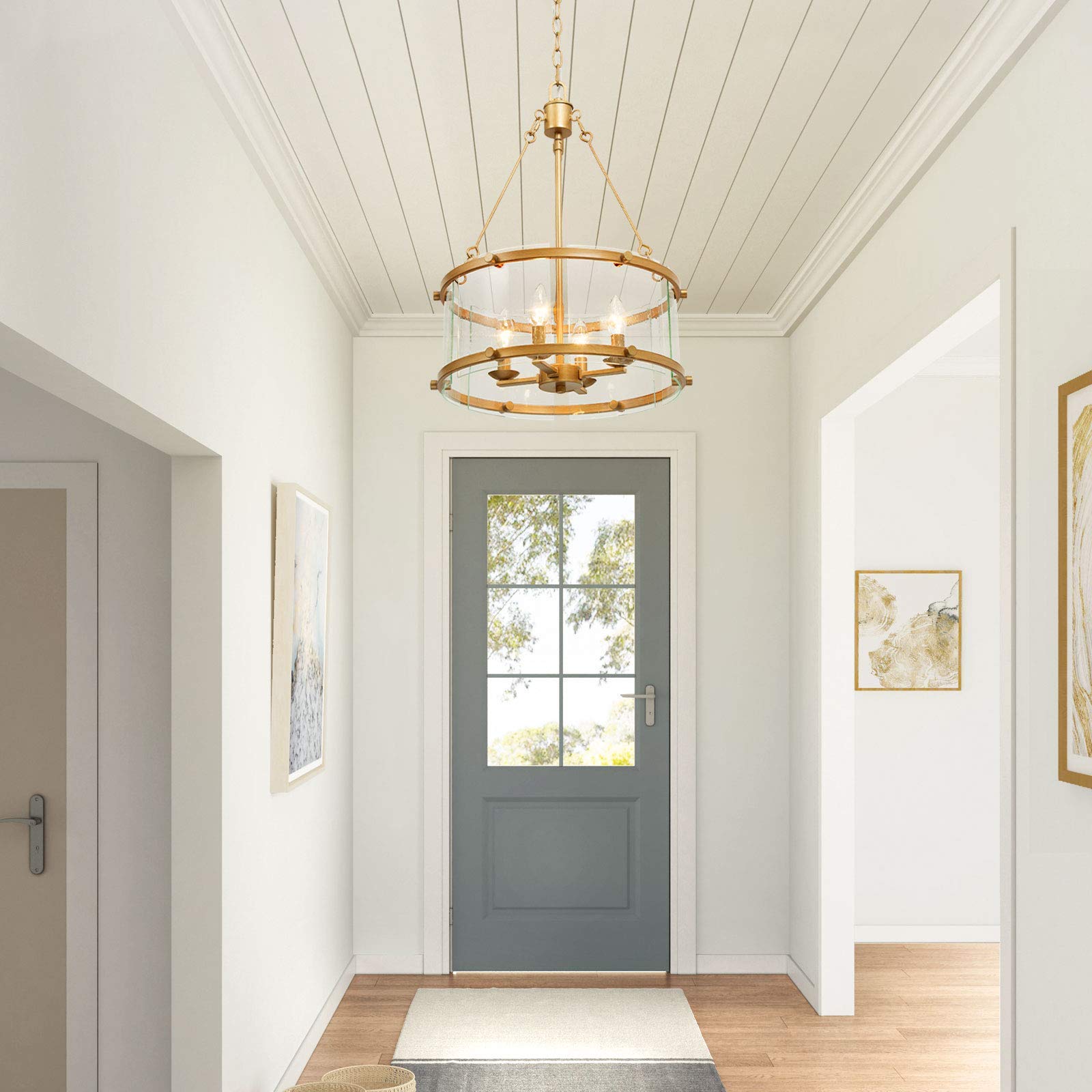 4-Light Gold Drum Chandelier with Seeded Glass Shade - 16.5